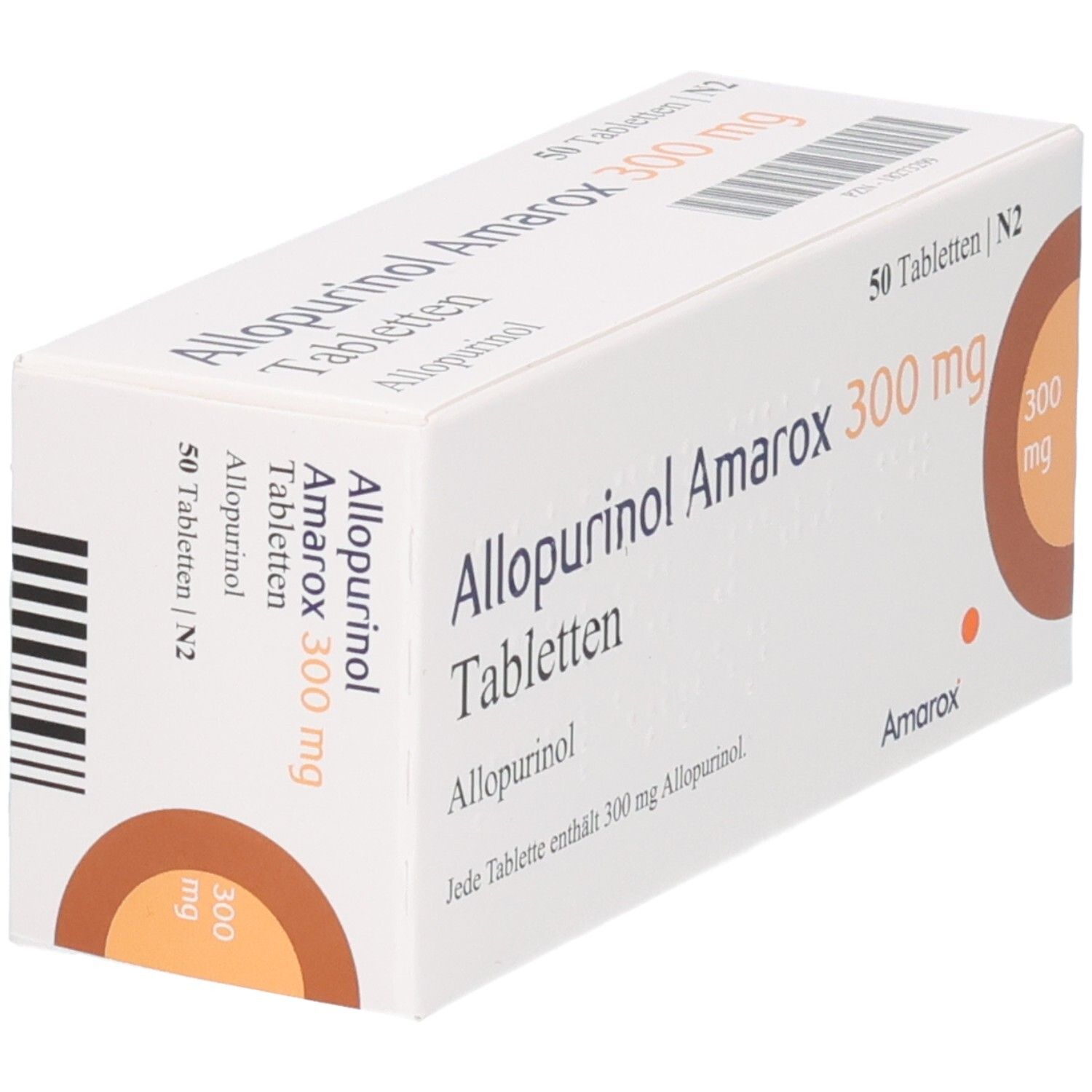 Schräg gestellte Tablettenbox 'Allopurinol Amarox 300 mg Tabletten'. 50 Tabletten. Brauner Kreis mit '300 mg'. Barcode.