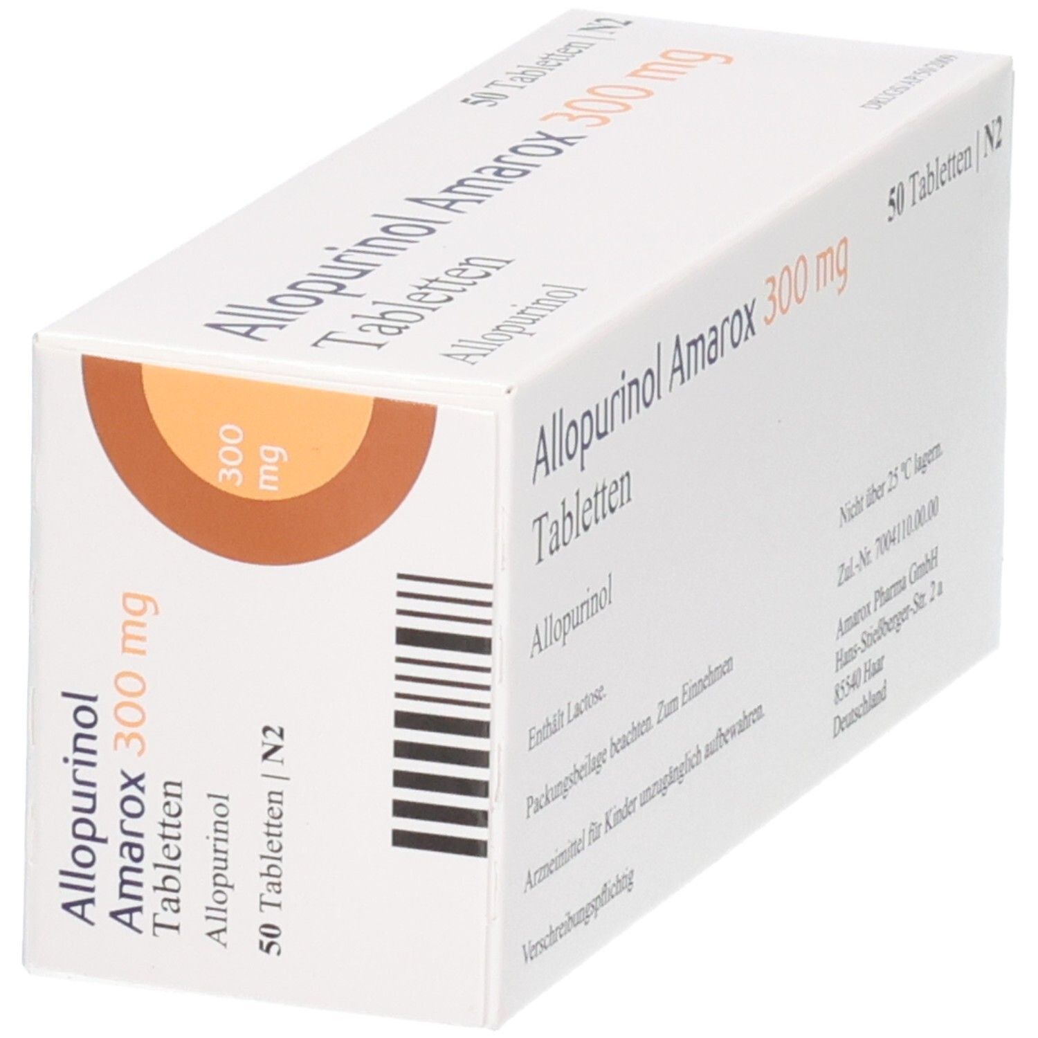 Schräg gestellte Tablettenbox 'Allopurinol Amarox 300 mg Tabletten'. 50 Tabletten. Brauner Kreis mit '300 mg'.