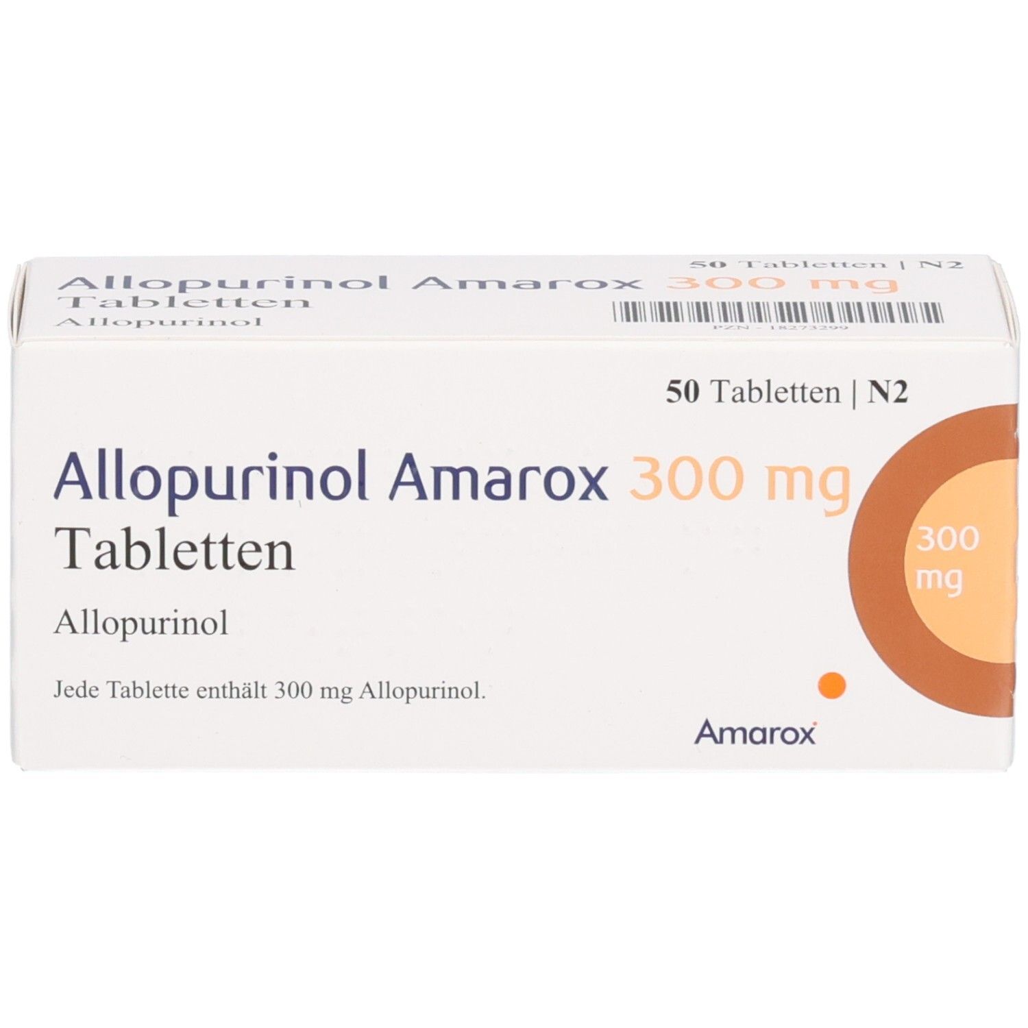 Tablettenbox 'Allopurinol Amarox 300 mg Tabletten'. 50 Tabletten. Brauner Kreis mit '300 mg'.