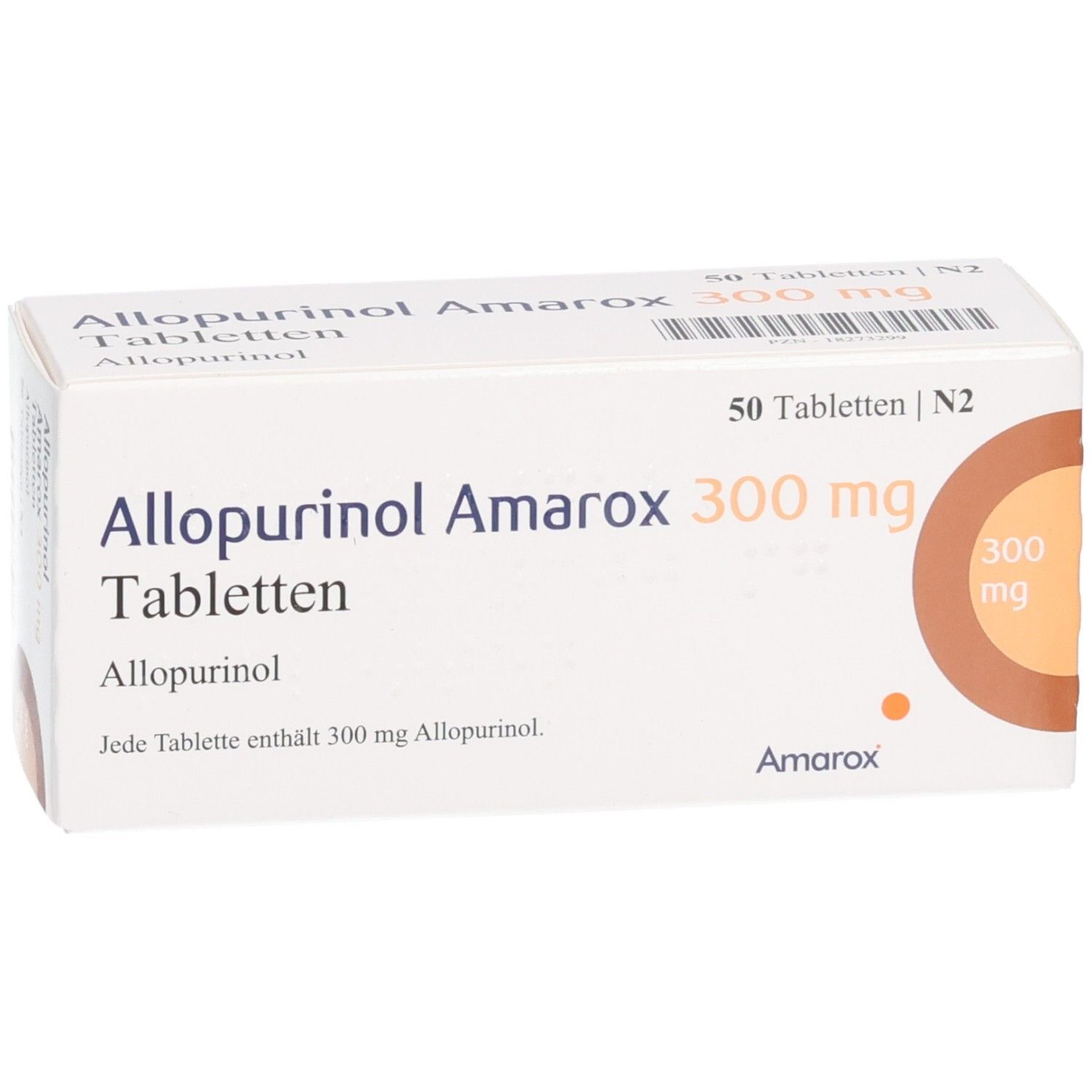 Tablettenbox 'Allopurinol Amarox 300 mg Tabletten'. 50 Tabletten. Brauner Kreis mit '300 mg'.