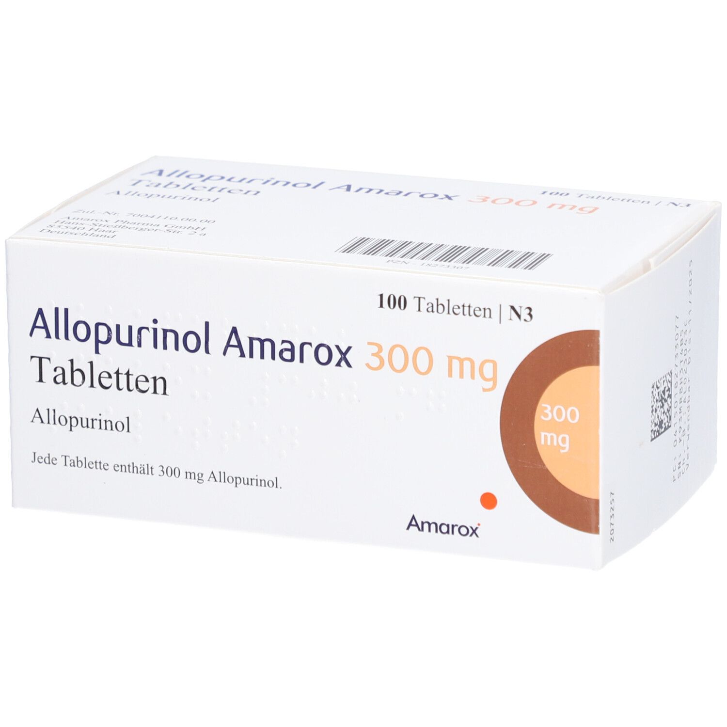 Weiße Schachtel mit Aufschrift 'Allopurinol Amarox 300 mg Tabletten'. Enthält 100 Tabletten. Brauner Kreis mit '300 mg'.
