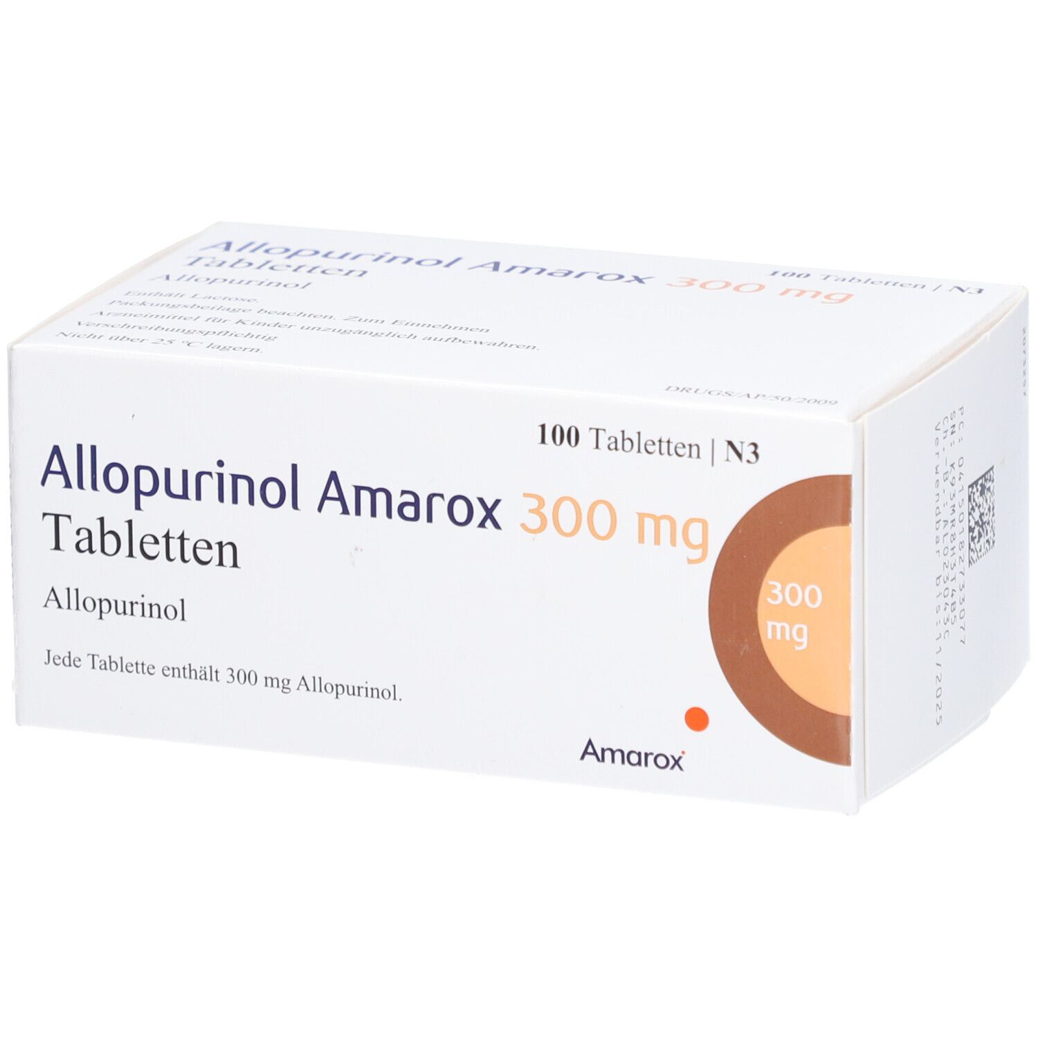 Weiße Schachtel 'Allopurinol Amarox 300 mg Tabletten'. 100 Tabletten. Brauner Kreis mit '300 mg'. Text auf der Verpackung.