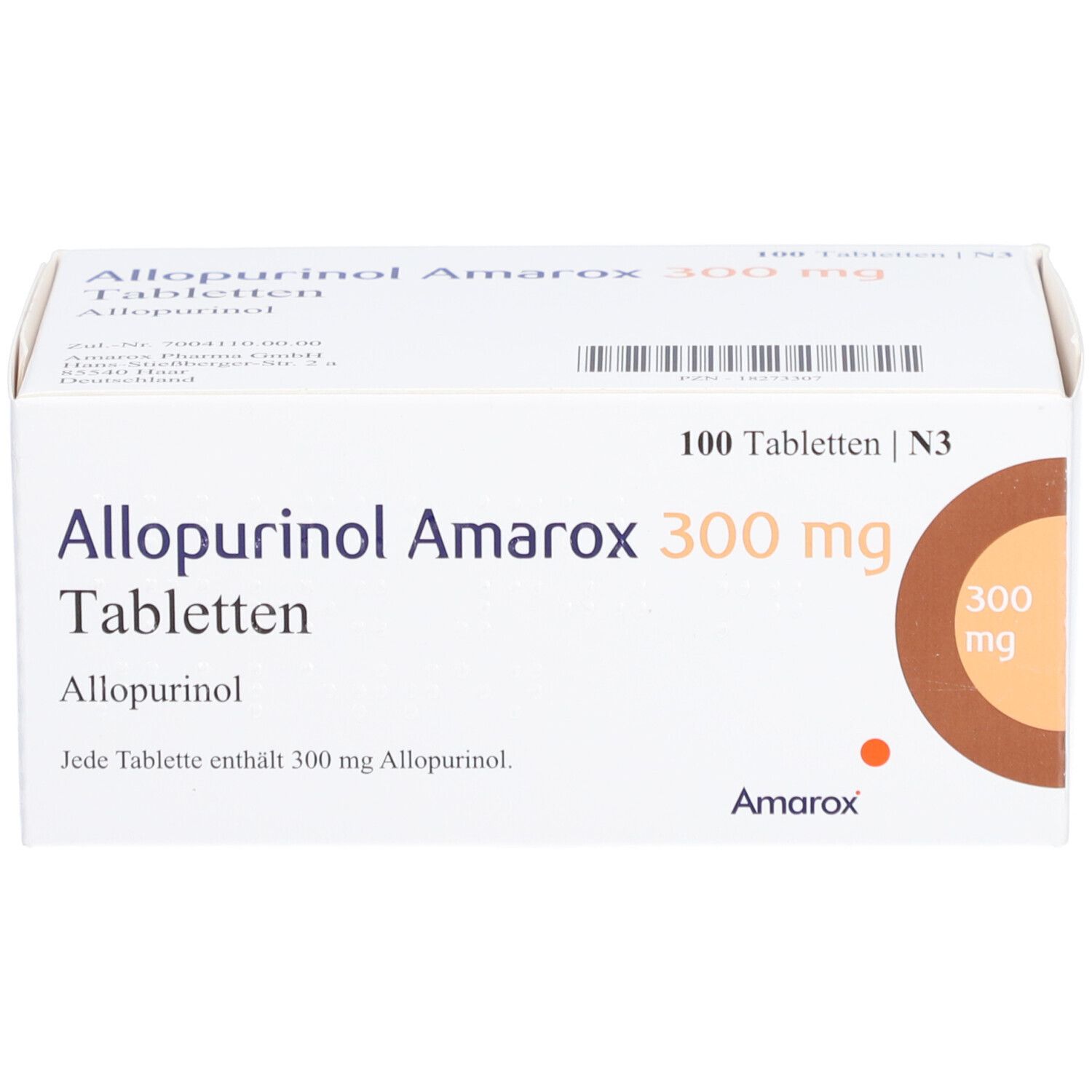 Weiße Schachtel 'Allopurinol Amarox 300 mg Tabletten'. 100 Tabletten. Brauner Kreis mit '300 mg'. Text auf der Verpackung.