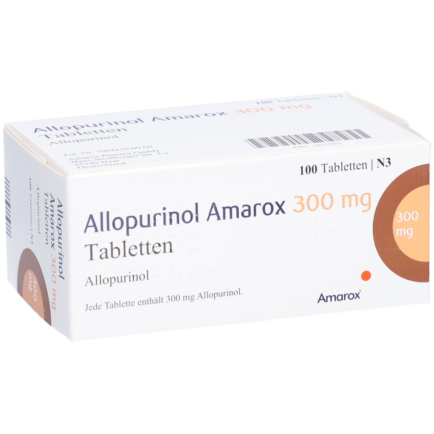 Weiße Schachtel 'Allopurinol Amarox 300 mg Tabletten'. 100 Tabletten. Brauner Kreis mit '300 mg'. Text auf der Verpackung.