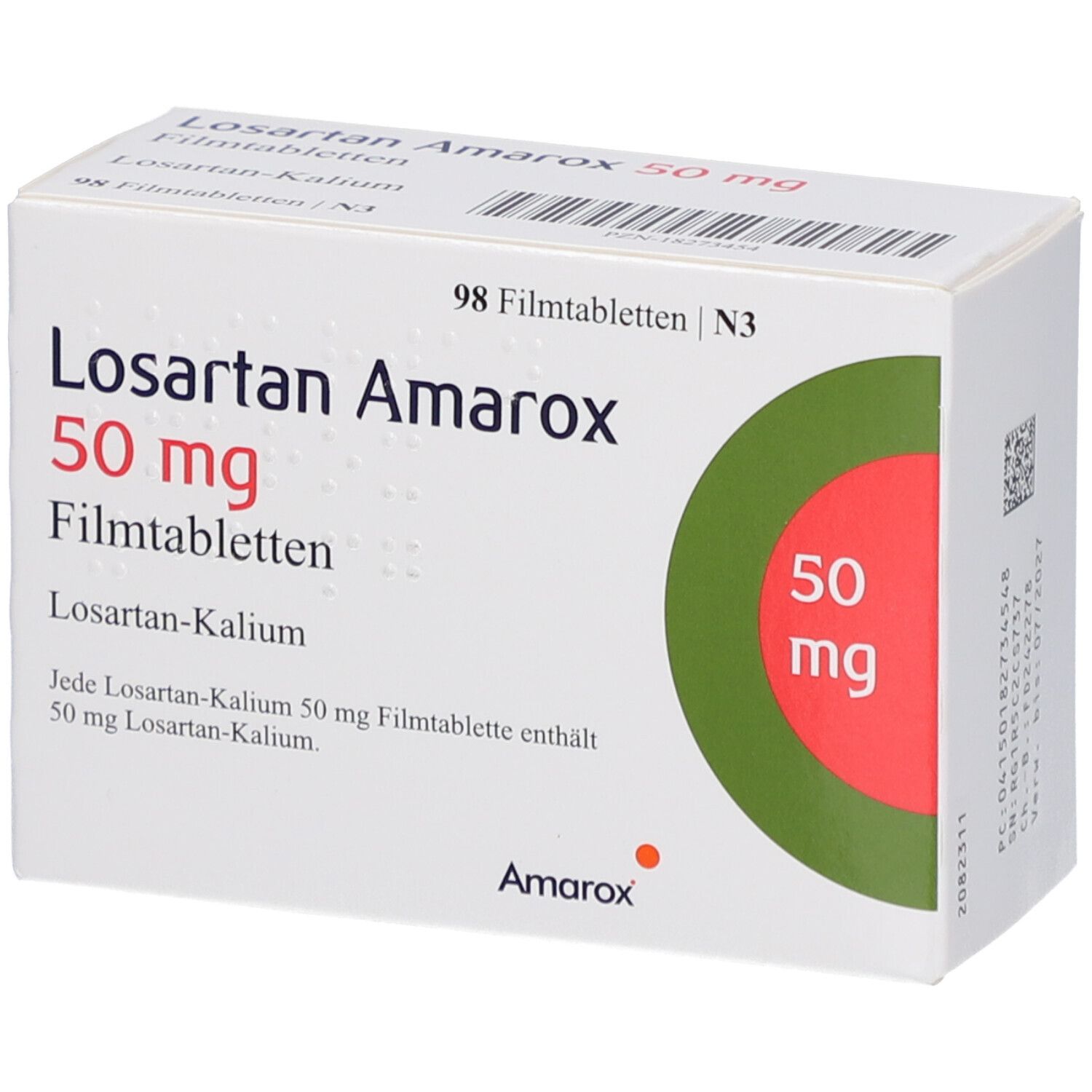 Schachtel mit Losartan Amarox 50 mg Filmtabletten. Aufschrift: 98 Filmtabletten. Logo: roter Kreis mit 50 mg.