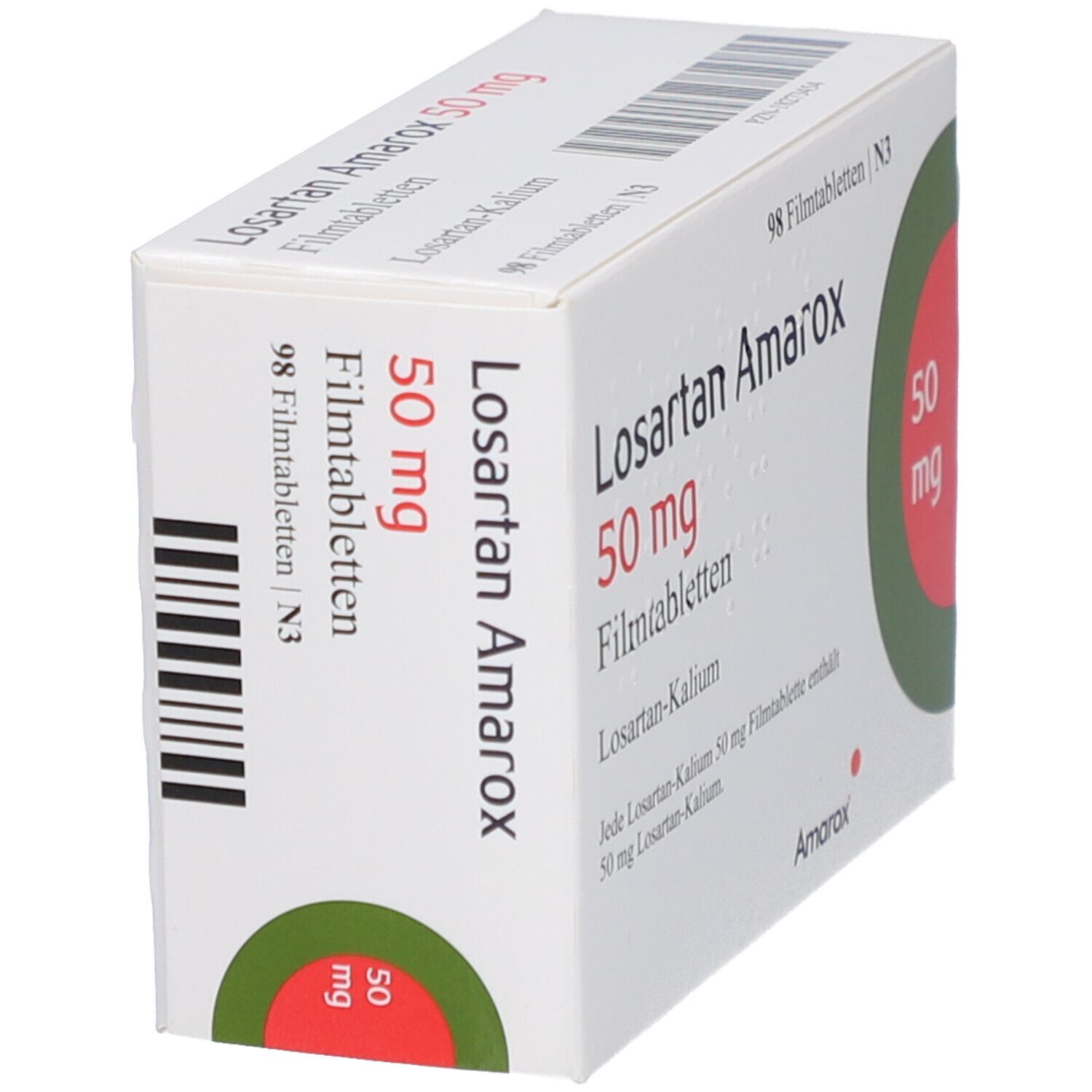 Schachtel Losartan Amarox 50 mg Filmtabletten. Aufschrift: 98 Filmtabletten. Barcode. Logo: roter Kreis mit 50 mg.