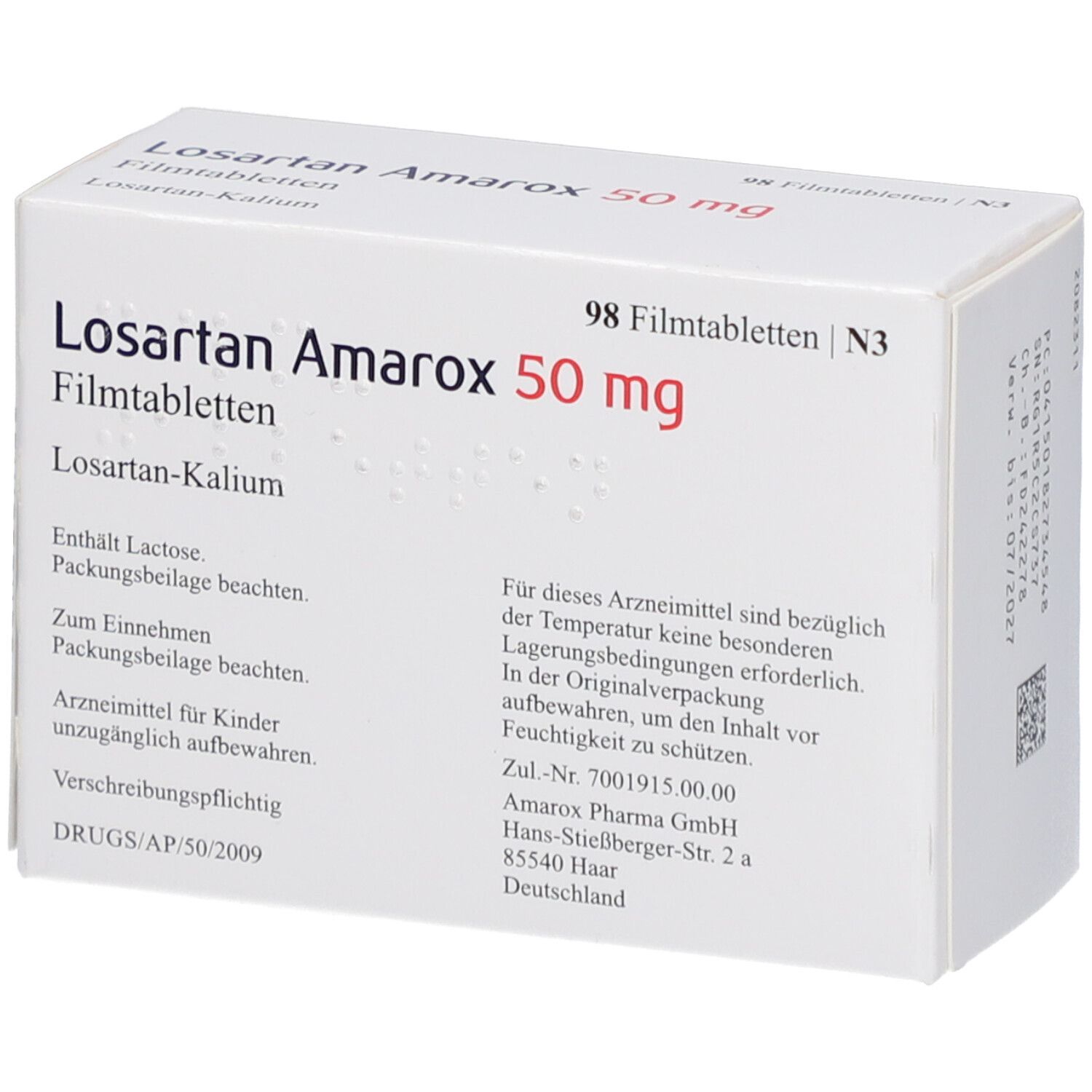 Schachtel Losartan Amarox 50 mg Filmtabletten. Aufschrift: 98 Filmtabletten. Text: Packungsbeilage beachten. Logo: roter Kreis mit 50 mg.