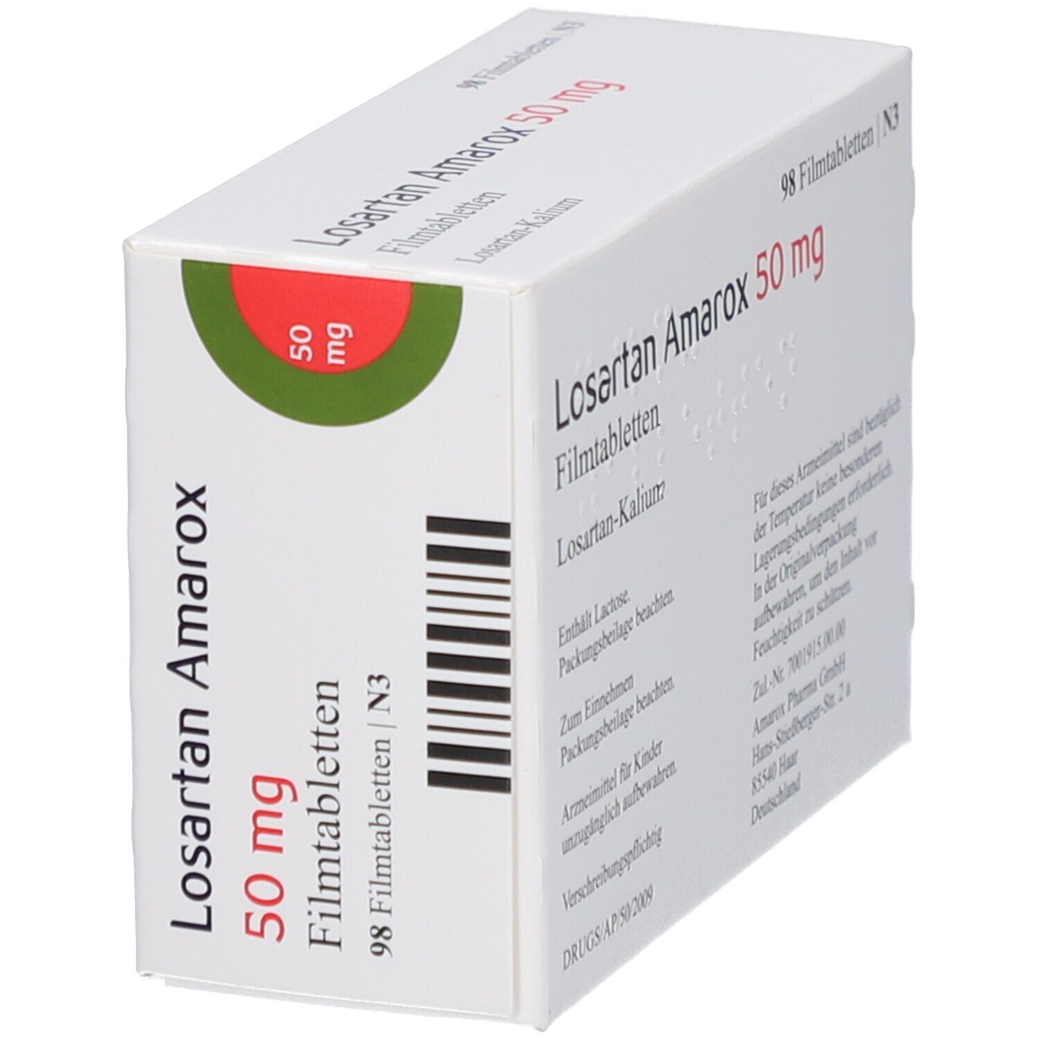 Schachtel Losartan Amarox 50 mg Filmtabletten. Aufschrift: 98 Filmtabletten. Logo: roter Kreis mit 50 mg. Barcode.
