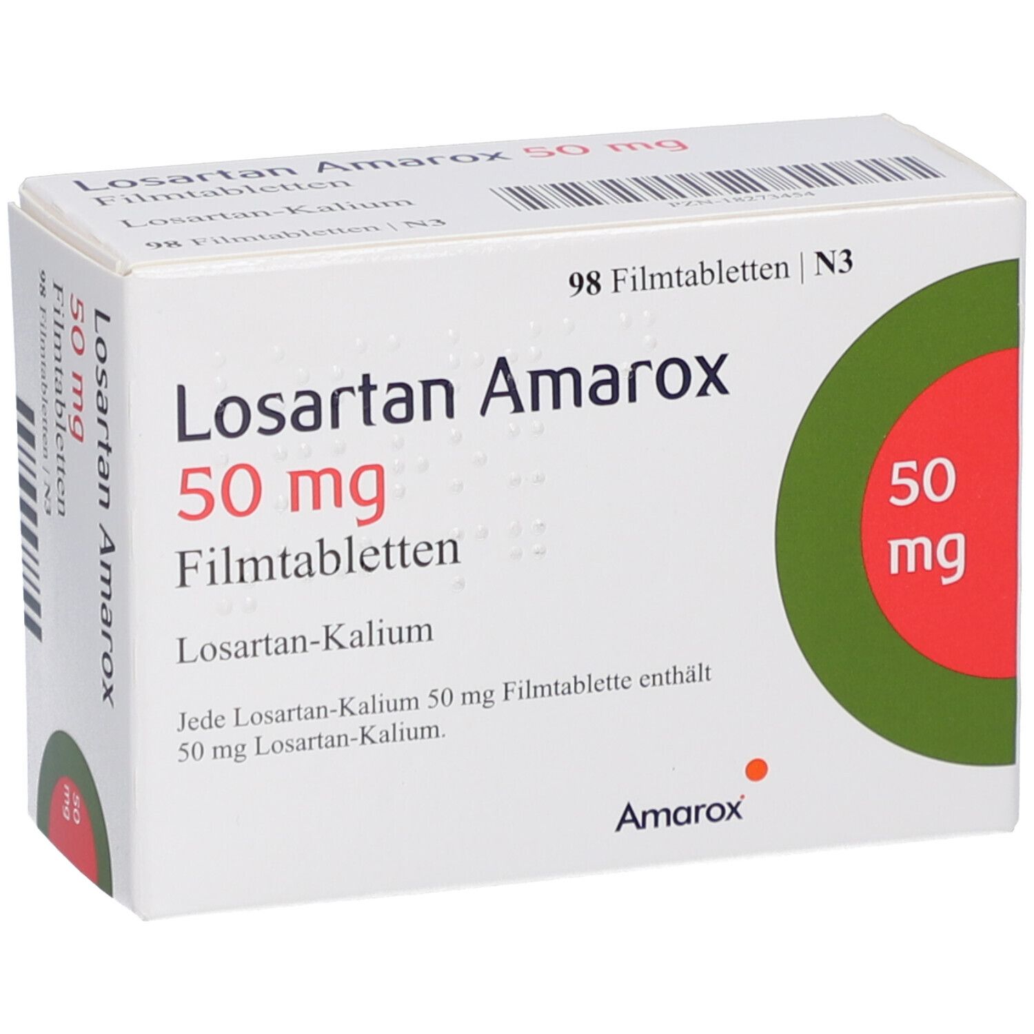 Schachtel Losartan Amarox 50 mg Filmtabletten. Aufschrift: 98 Filmtabletten. Logo: roter Kreis mit 50 mg.