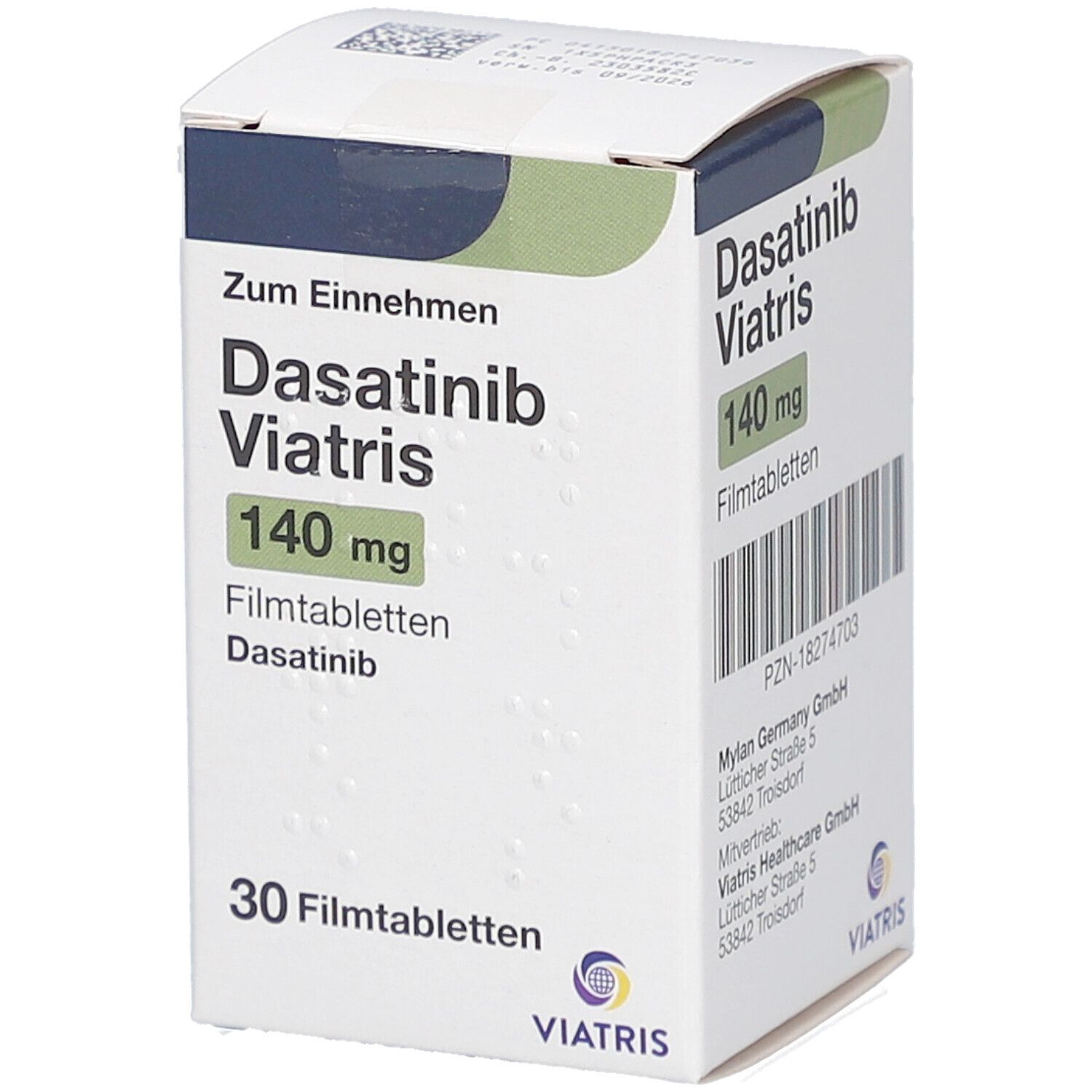 Schachtel mit Dasatinib Viatris 140 mg Filmtabletten. Aufschrift: 30 Filmtabletten. Viatris Logo.