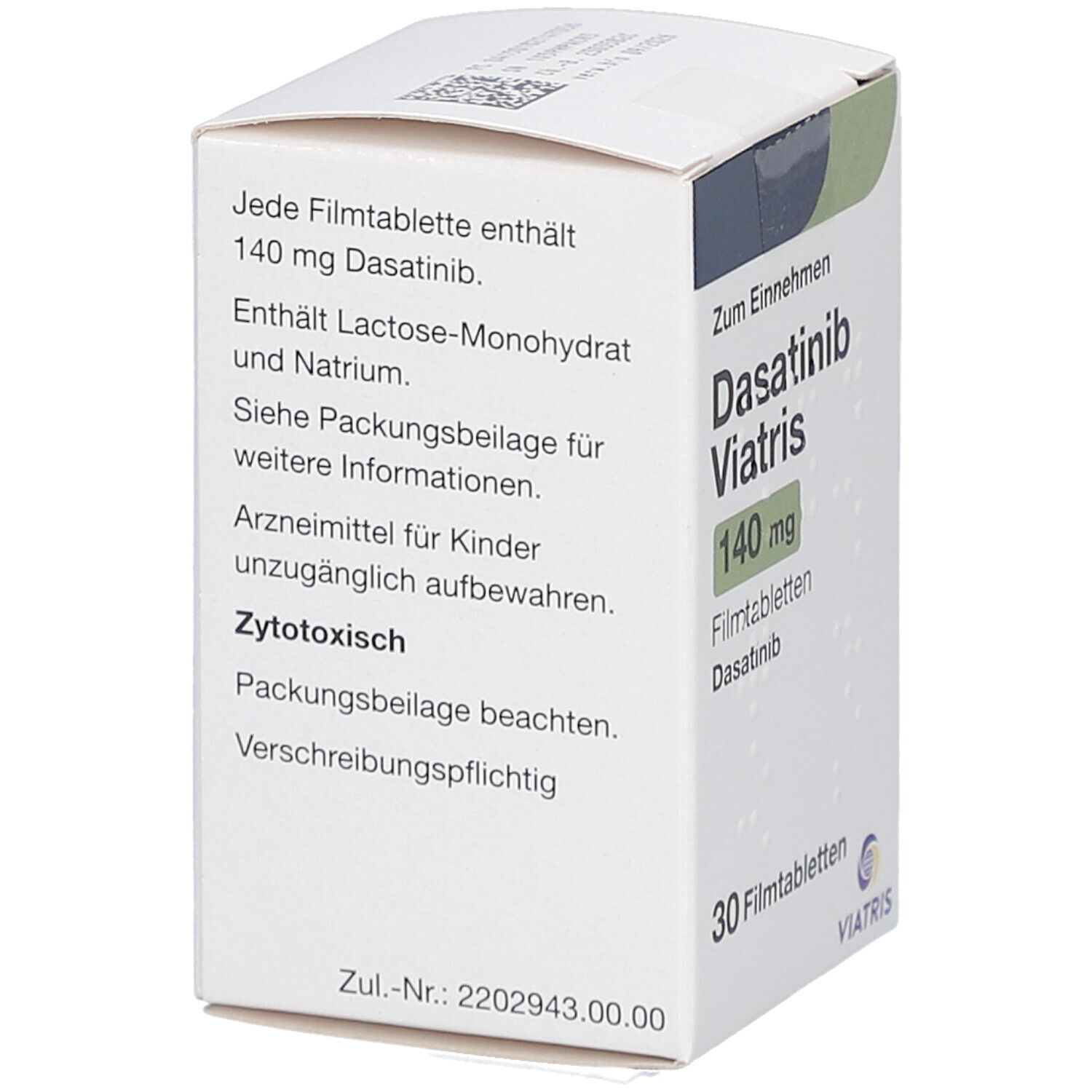 Schachtel mit Dasatinib Viatris 140 mg Filmtabletten. Text: Enthält Lactose-Monohydrat und Natrium. Zytotoxisch.