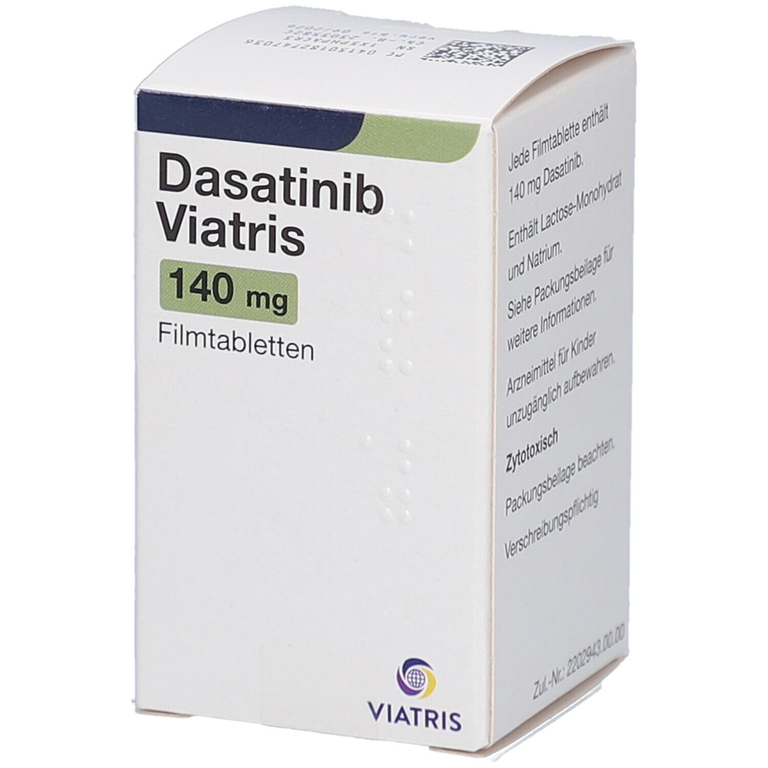 Schachtel mit Dasatinib Viatris 140 mg Filmtabletten. Aufschrift: 30 Filmtabletten. Viatris Logo.