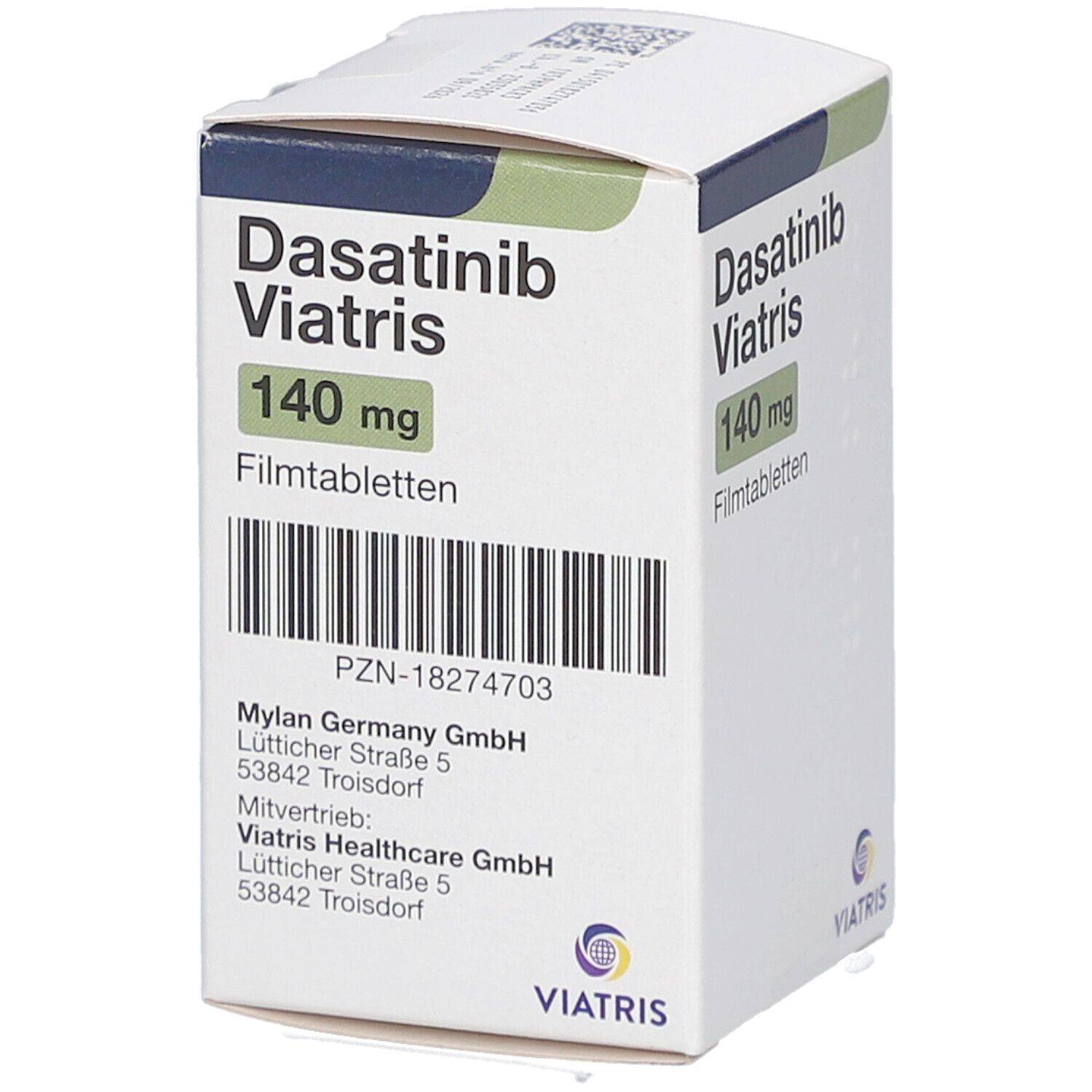 Schachtel mit Dasatinib Viatris 140 mg Filmtabletten. Barcode und Firmenadresse. Viatris Logo.