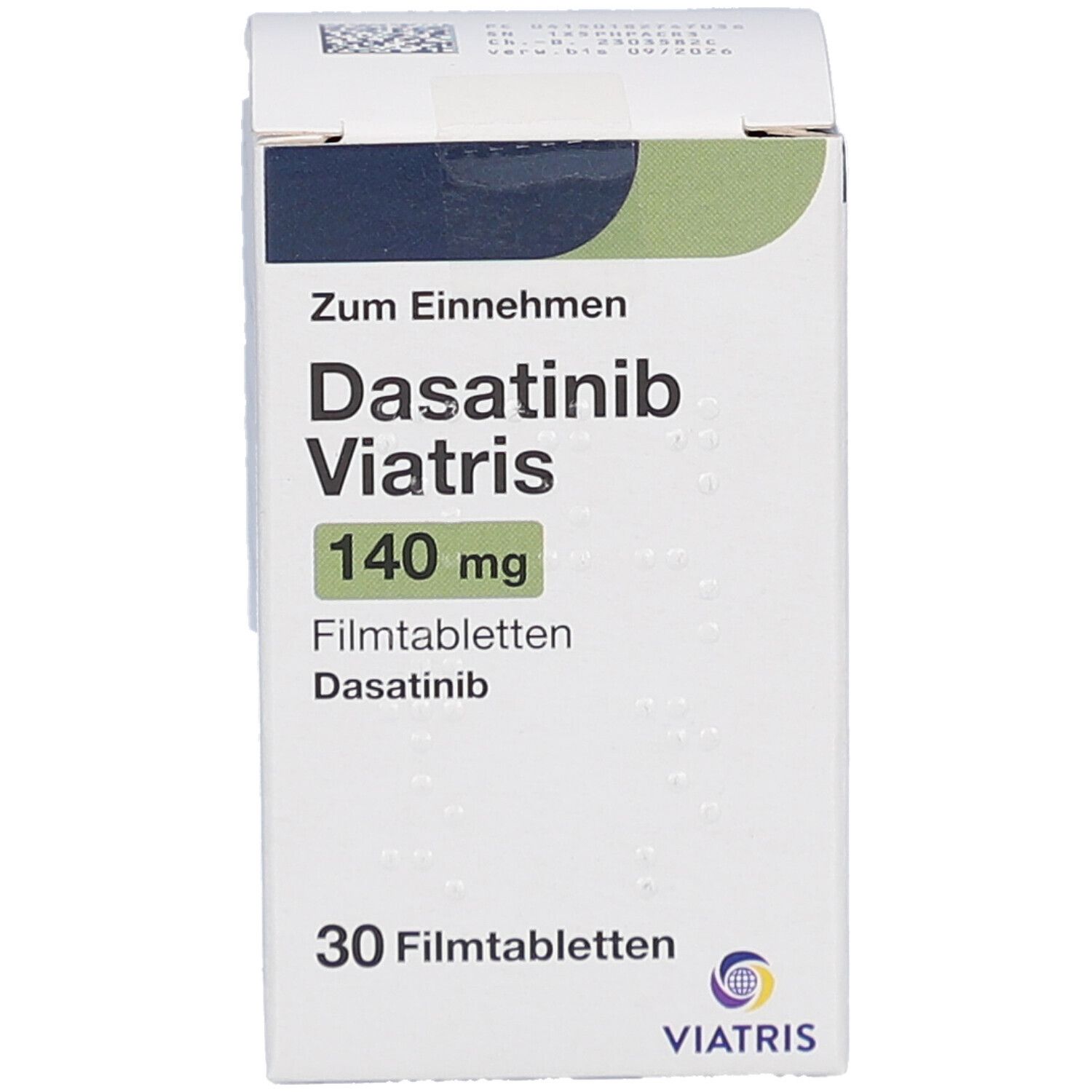 Schachtel mit Dasatinib Viatris 140 mg Filmtabletten. Aufschrift: 30 Filmtabletten. Viatris Logo.