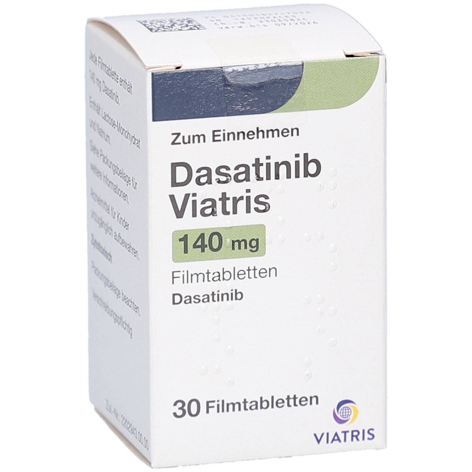 Schachtel mit Dasatinib Viatris 140 mg Filmtabletten. Aufschrift: 30 Filmtabletten. Viatris Logo.