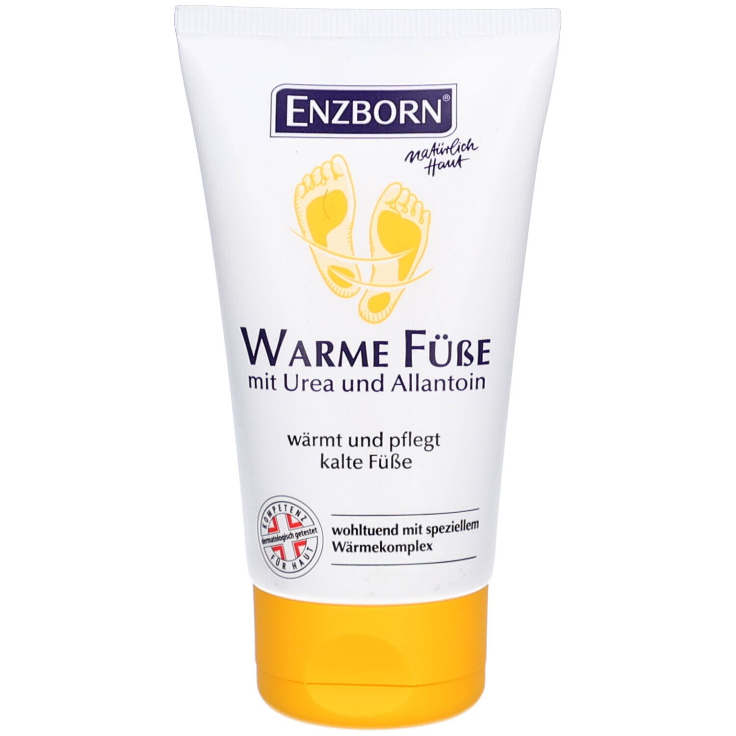 Weiße Tube mit gelbem Deckel. Aufschrift: ENZBORN, Warme Füße mit Urea und Allantoin. Abbildung von Füßen.