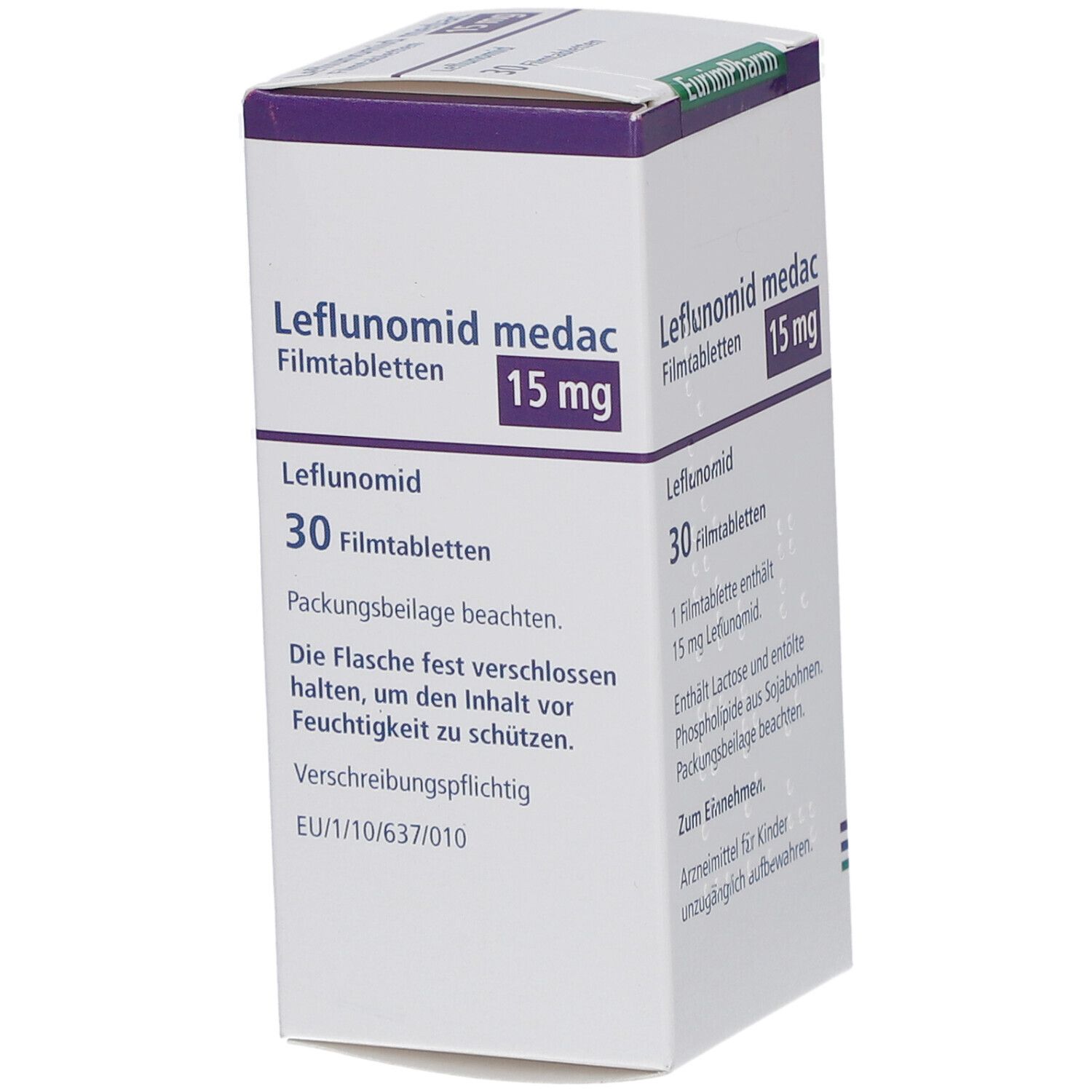 Schachtel LEFLUNOMID medac 15 mg Filmtabletten. 30 Tabletten. Text: 15 mg, Packungsbeilage beachten. Verschreibungspflichtig. EU/1/10/637/010.