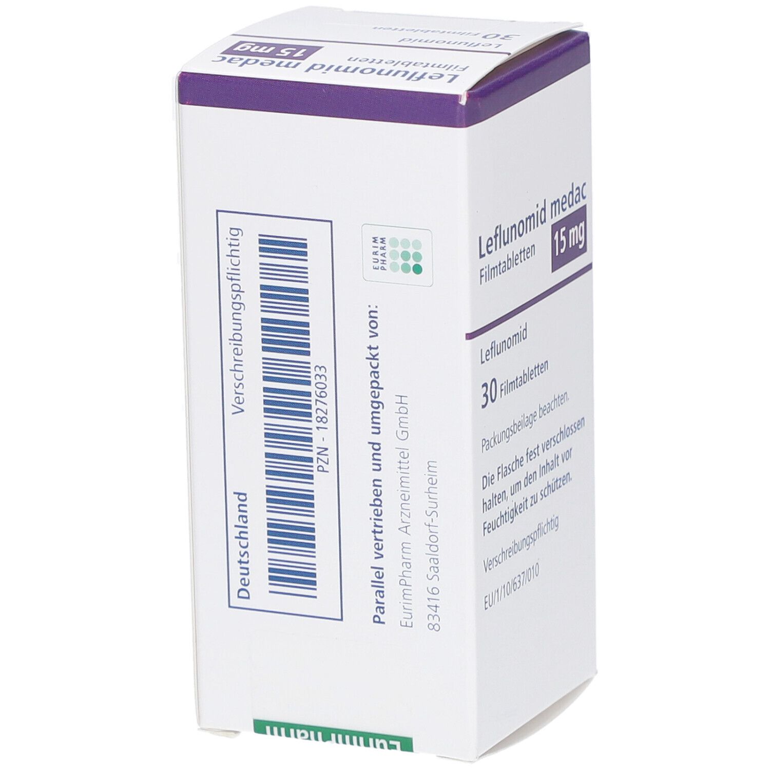Schachtel LEFLUNOMID medac 15 mg Filmtabletten. Rückseite mit Barcode und Text: Verschreibungspflichtig. PZN-18276033. Deutschland.
