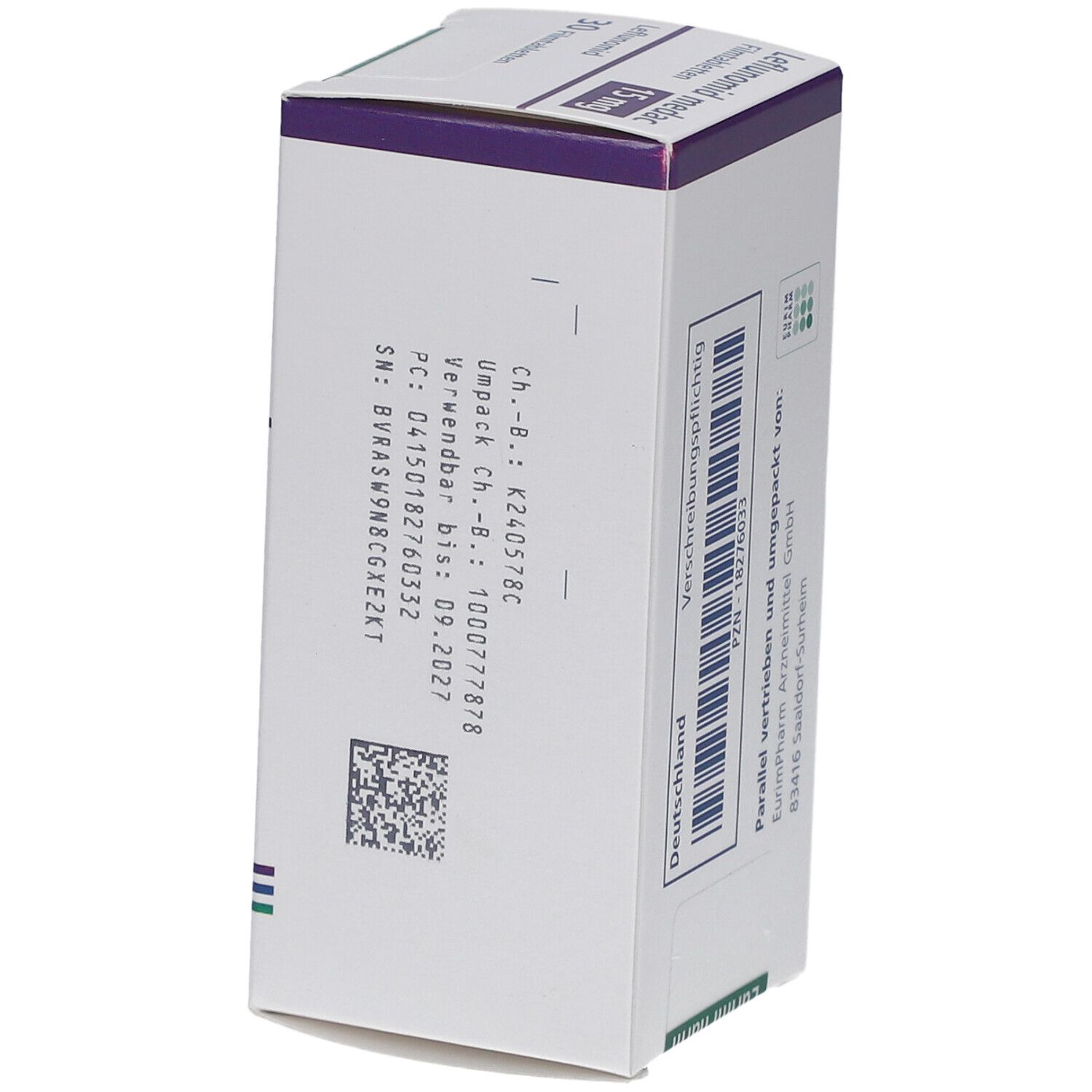 Schachtel LEFLUNOMID medac 15 mg Filmtabletten. Seite mit Text und Barcode. Text: Verschreibungspflichtig. Verwendbar bis 09.2027.