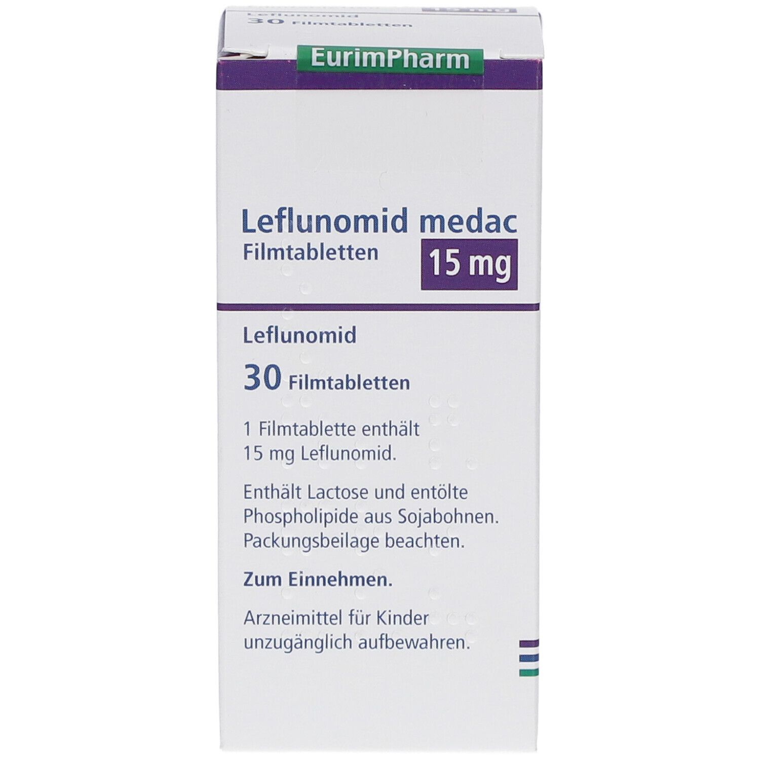 Schachtel LEFLUNOMID medac 15 mg Filmtabletten. 30 Tabletten. Text: 15 mg, Zum Einnehmen. Arzneimittel für Kinder unzugänglich aufbewahren.