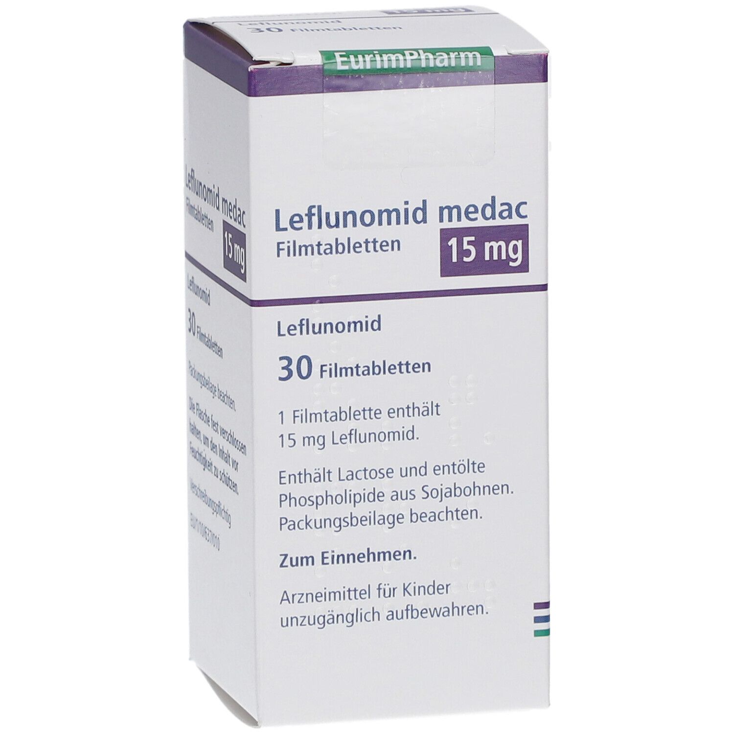 Schachtel LEFLUNOMID medac 15 mg Filmtabletten. 30 Tabletten. Text: 15 mg, Zum Einnehmen. Arzneimittel für Kinder unzugänglich aufbewahren.