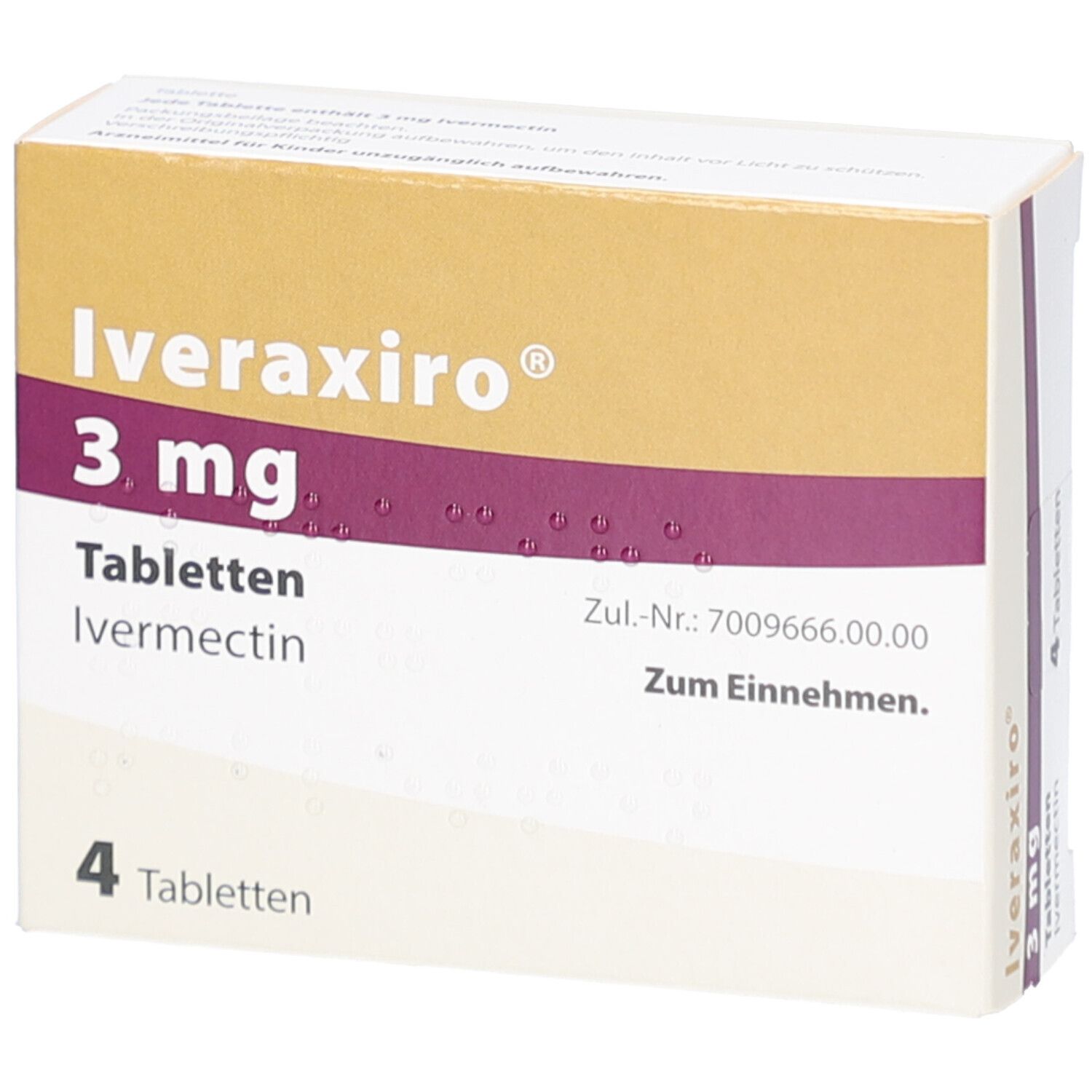 Schachtel mit Iveraxiro 3 mg Tabletten. Enthält 4 Tabletten. Aufschrift: Ivermectin, Zum Einnehmen.