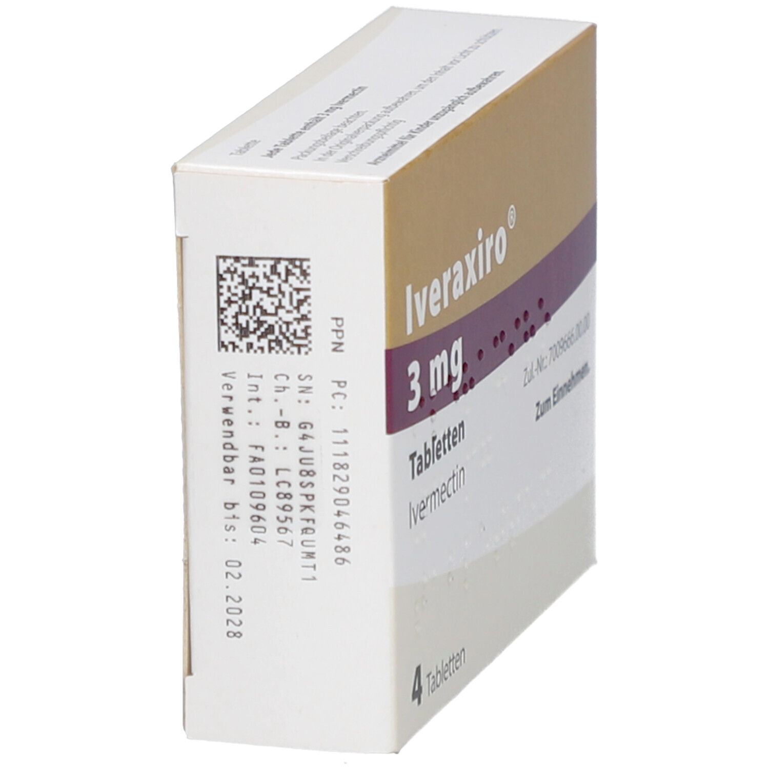 Seitenansicht der Iveraxiro 3 mg Tabletten-Schachtel. Enthält 4 Tabletten. Mit Barcode und Verfallsdatum.