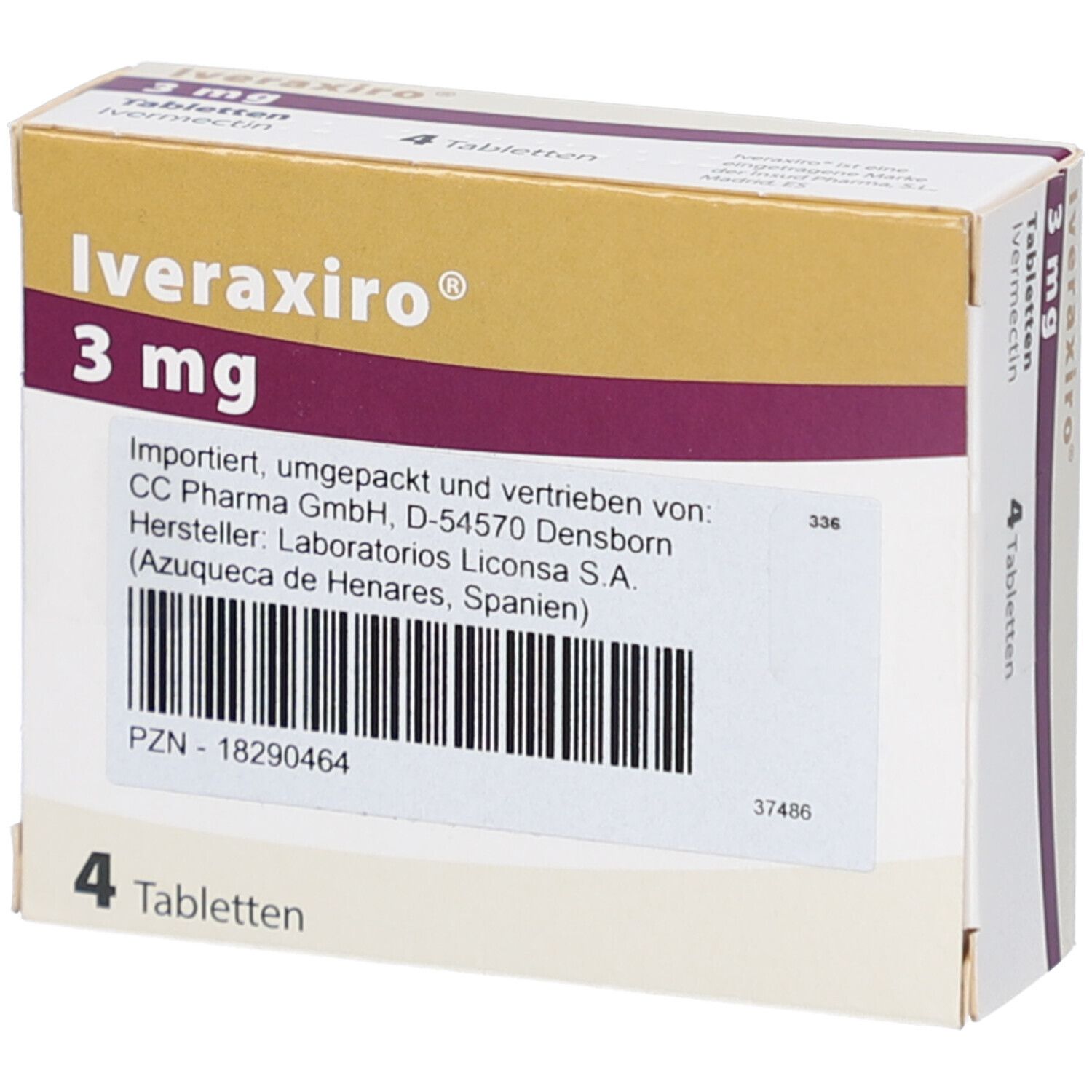 Schachtel mit Iveraxiro 3 mg Tabletten. Enthält 4 Tabletten. Aufschrift: Ivermectin, Importiert von CC Pharma GmbH.