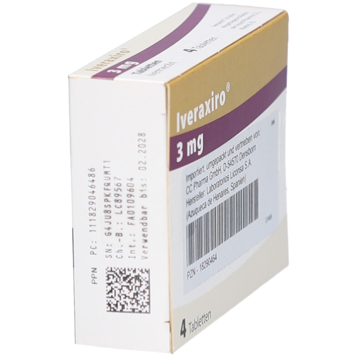 Seitenansicht der Iveraxiro 3 mg Tabletten-Schachtel. Enthält 4 Tabletten. Mit Barcode und Verfallsdatum.