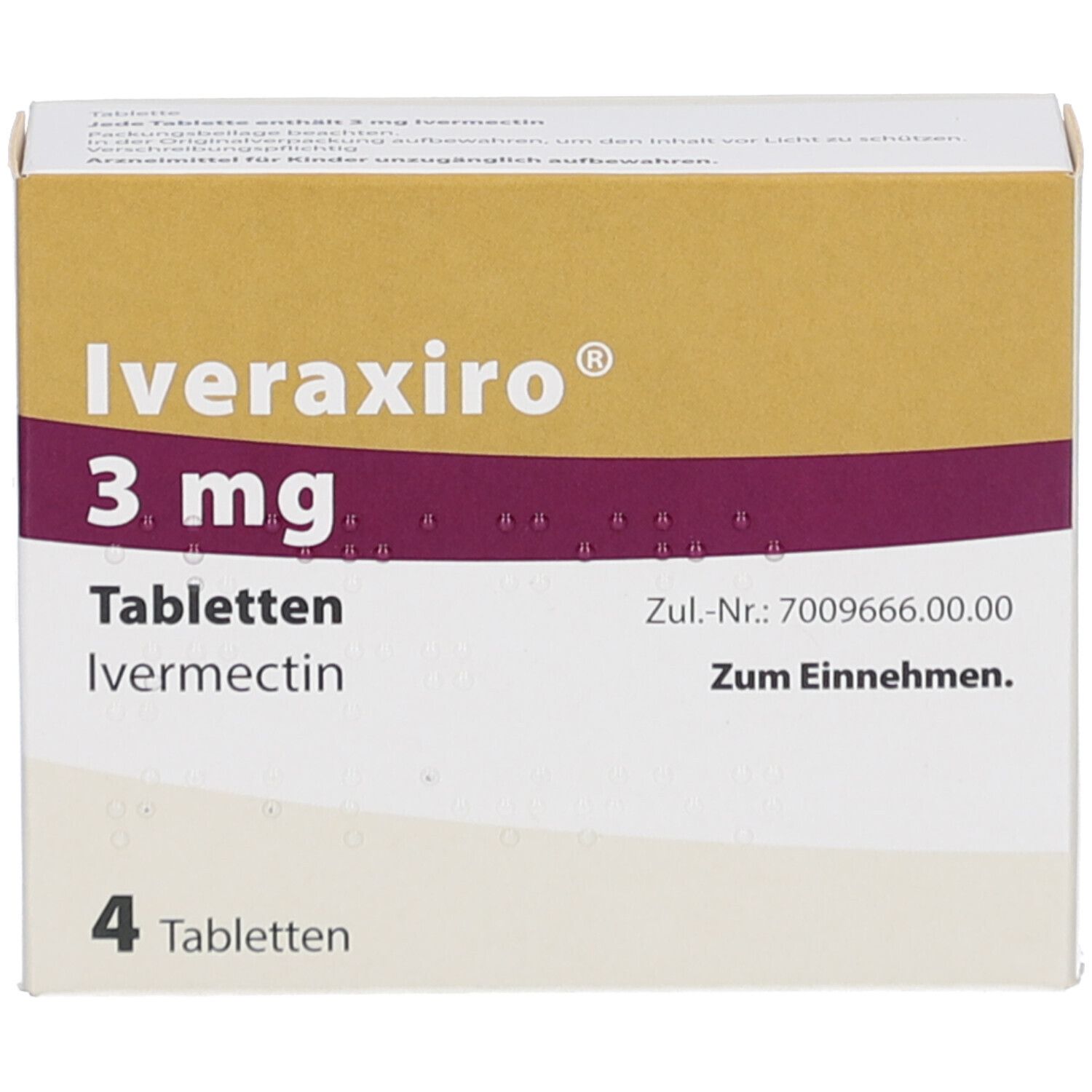 Schachtel mit Iveraxiro 3 mg Tabletten. Enthält 4 Tabletten. Aufschrift: Ivermectin, Zum Einnehmen.