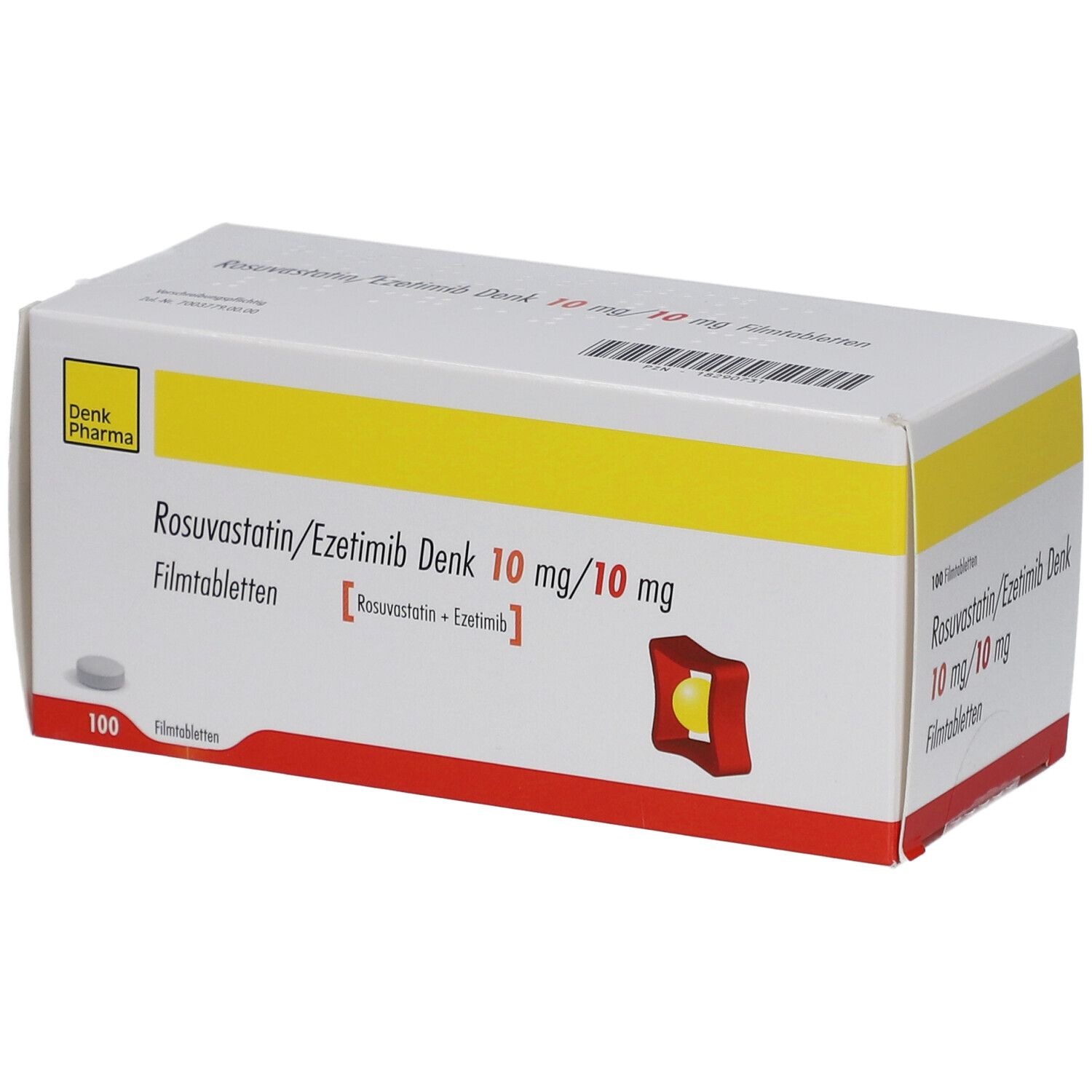 Schachtel mit ROSUVASTATIN/Ezetimib Denk 10 mg/10 mg Filmtabletten. Gelb, weiß und rot. 100 Filmtabletten. Denk Pharma Logo.