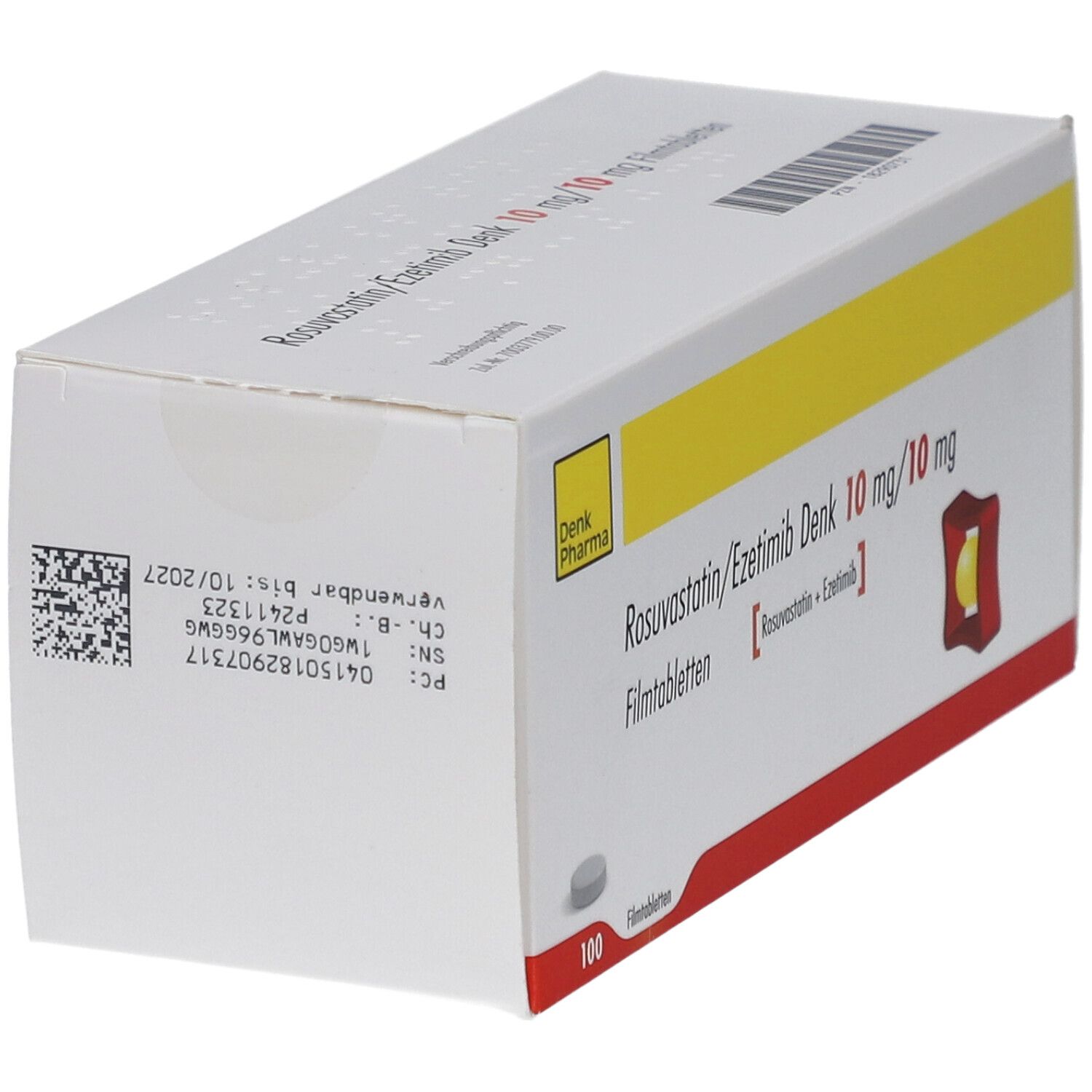 Schachtel mit ROSUVASTATIN/Ezetimib Denk 10 mg/10 mg Filmtabletten. Gelb, weiß und rot. Denk Pharma Logo. Barcode und andere Informationen.