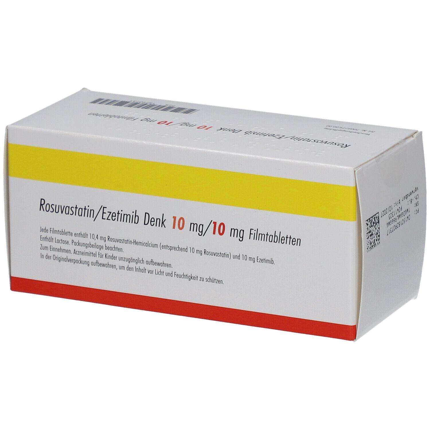 Schachtel mit ROSUVASTATIN/Ezetimib Denk 10 mg/10 mg Filmtabletten. Gelb, weiß und rot. Textinformationen auf der Verpackung.