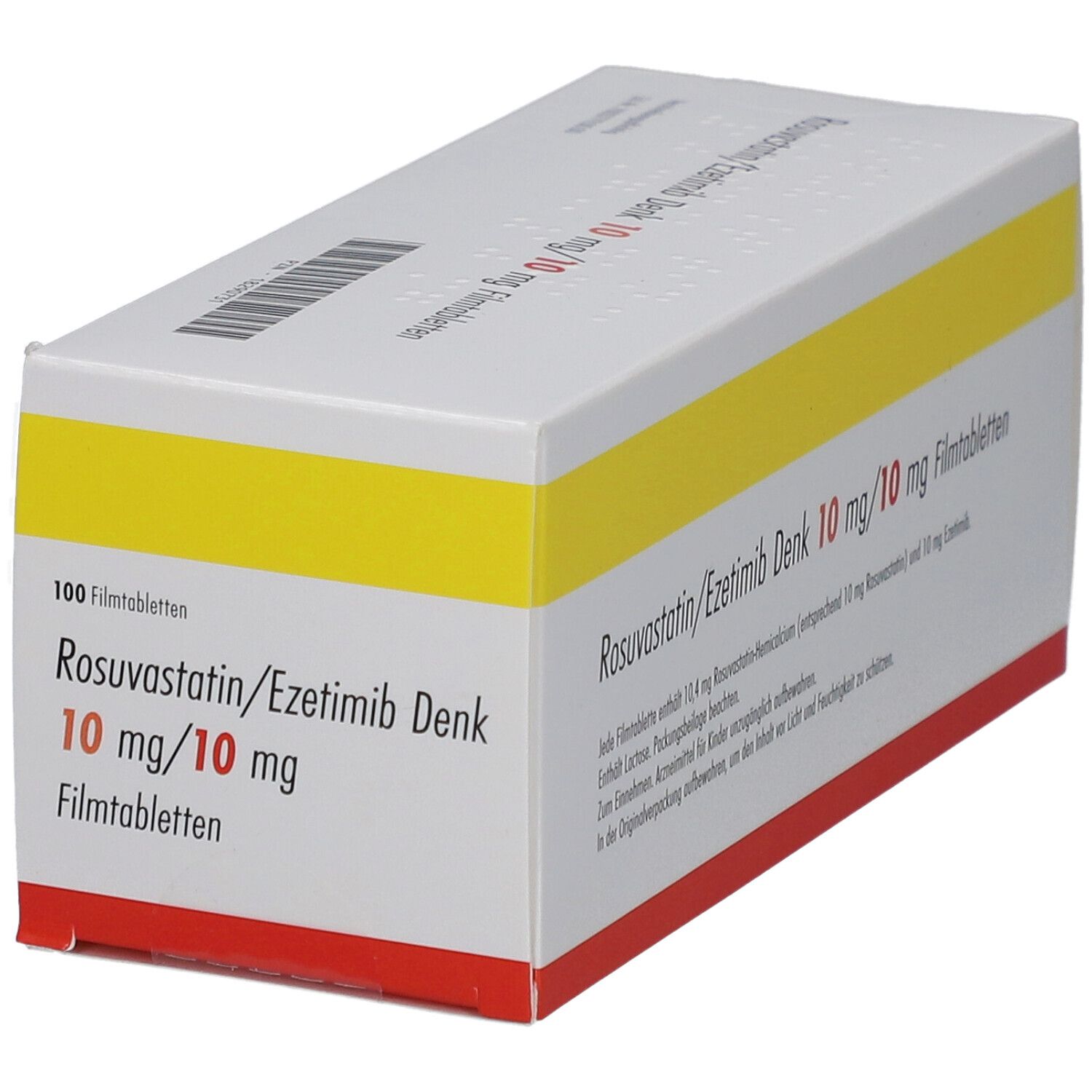 Schachtel mit ROSUVASTATIN/Ezetimib Denk 10 mg/10 mg Filmtabletten. Gelb, weiß und rot. 100 Filmtabletten. Textinformationen.