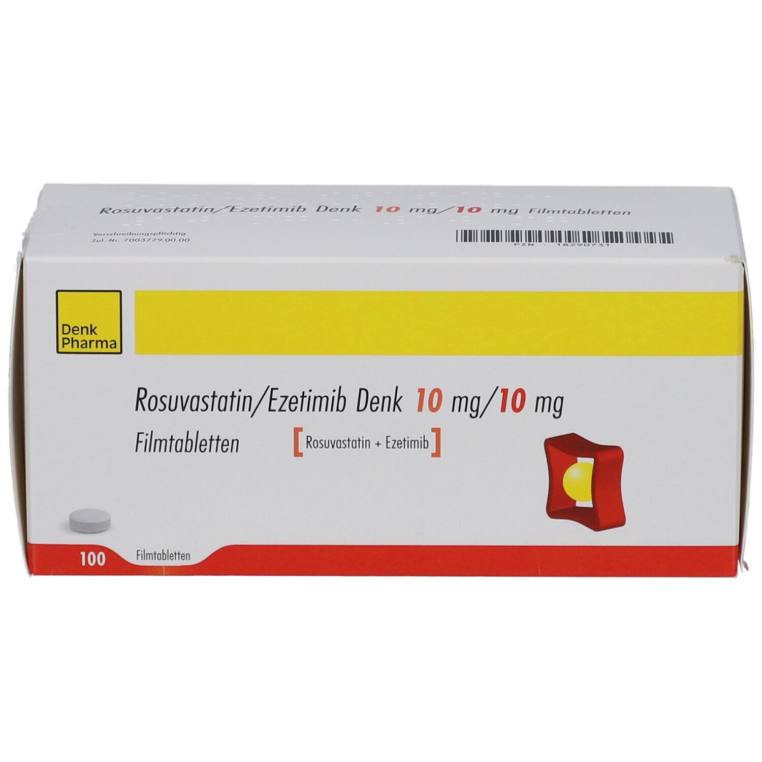 Schachtel mit ROSUVASTATIN/Ezetimib Denk 10 mg/10 mg Filmtabletten. Gelb, weiß und rot. 100 Filmtabletten. Denk Pharma Logo.