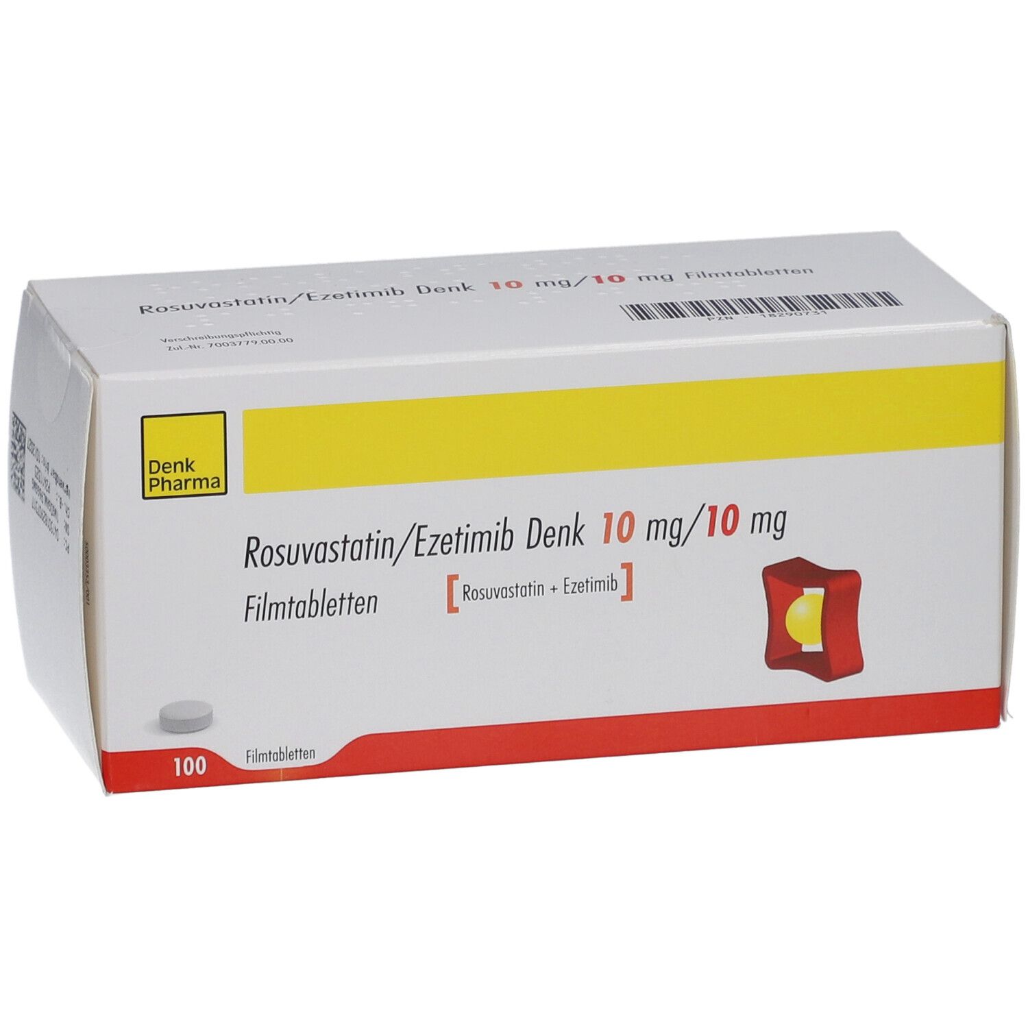 Schachtel mit ROSUVASTATIN/Ezetimib Denk 10 mg/10 mg Filmtabletten. Gelb, weiß und rot. Denk Pharma Logo. Verpackung.