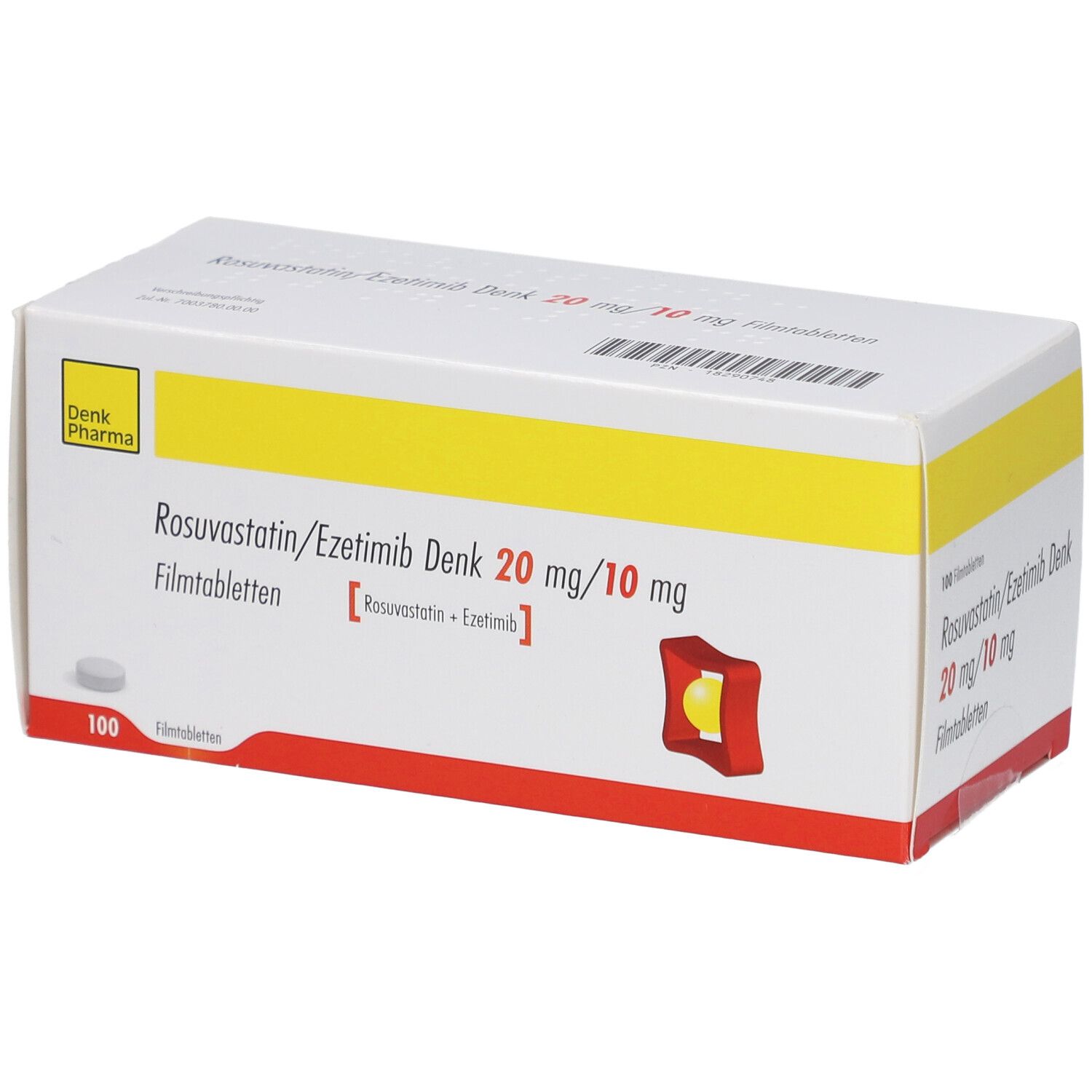 Schachtel mit Medikamenten. Aufschrift: Rosuvastatin/Ezetimib Denk 20 mg/10 mg Filmtabletten. 100 Filmtabletten.