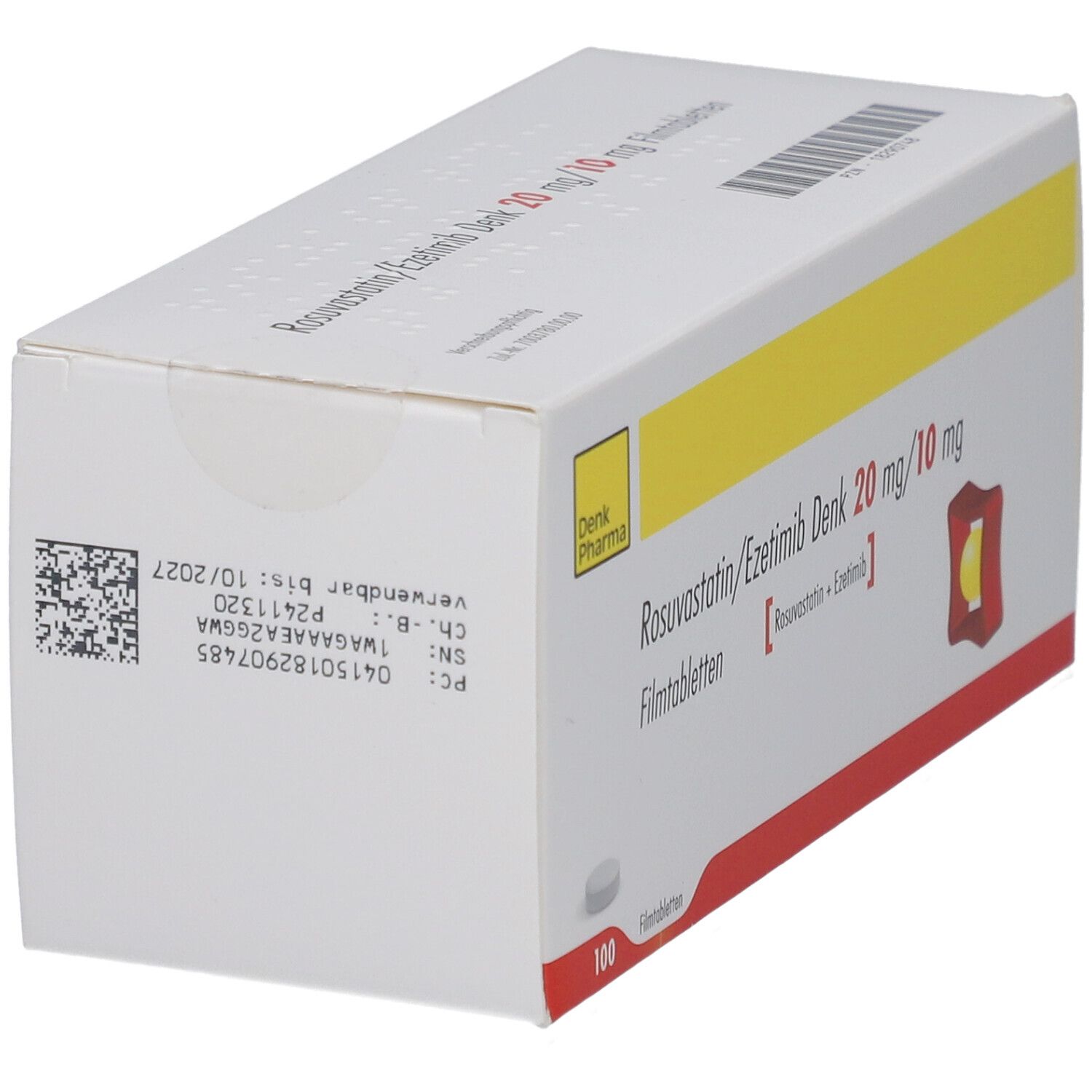 Medikamentenverpackung. Aufschrift: Rosuvastatin/Ezetimib Denk 20 mg/10 mg Filmtabletten. Mit Barcode und Chargennummer.