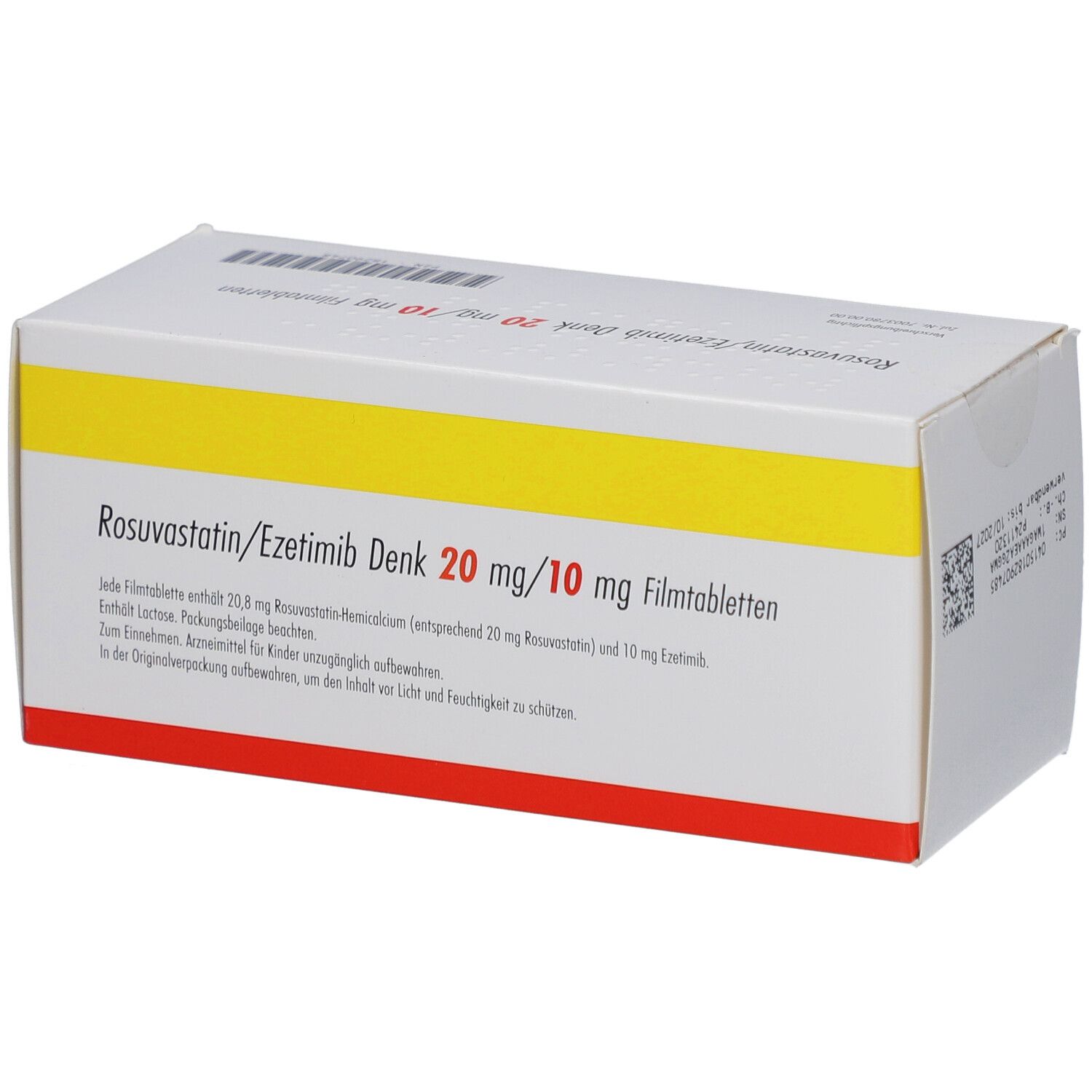 Medikamentenverpackung. Aufschrift: Rosuvastatin/Ezetimib Denk 20 mg/10 mg Filmtabletten. Textliche Informationen auf der Verpackung.