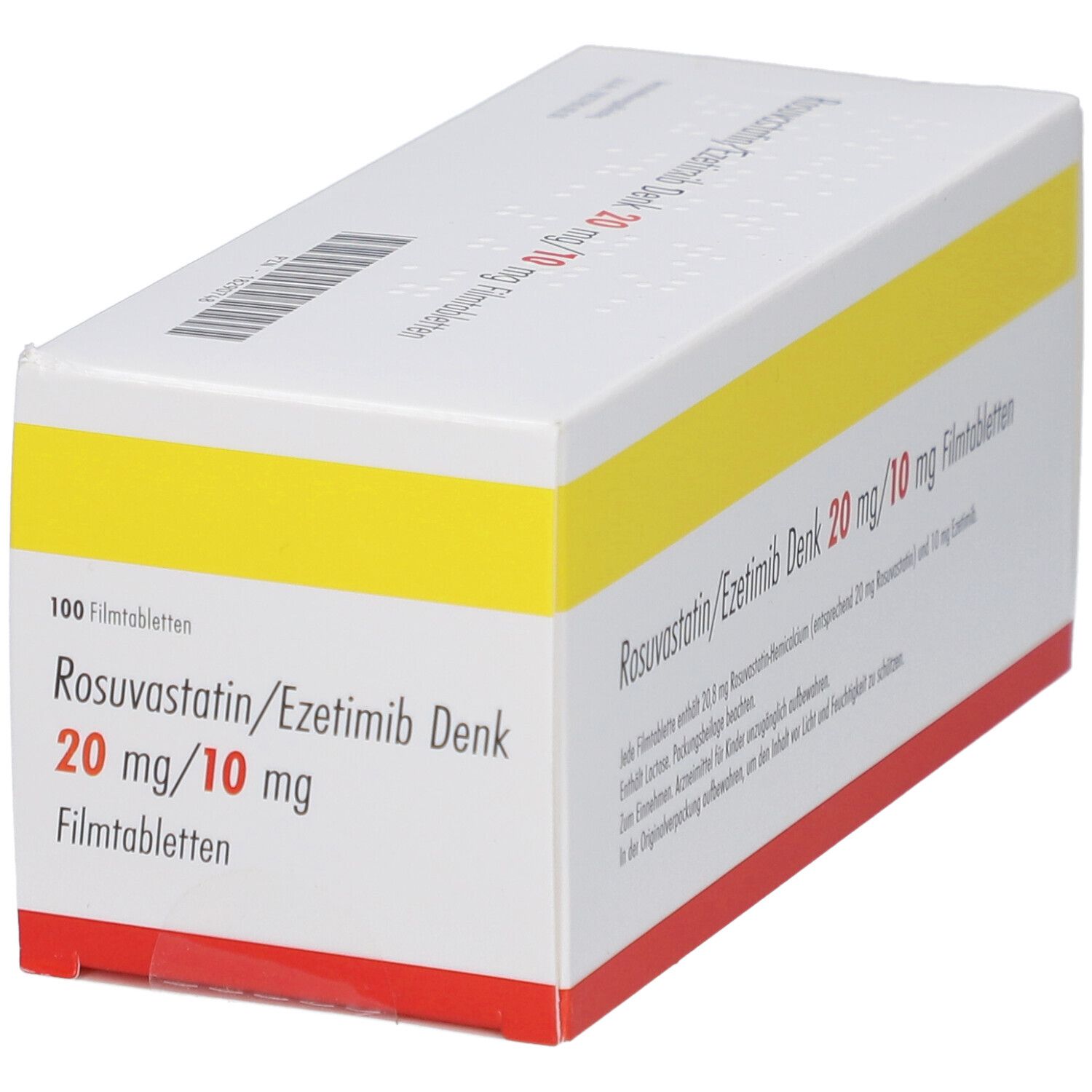 Medikamentenverpackung. Aufschrift: Rosuvastatin/Ezetimib Denk 20 mg/10 mg Filmtabletten. 100 Filmtabletten.