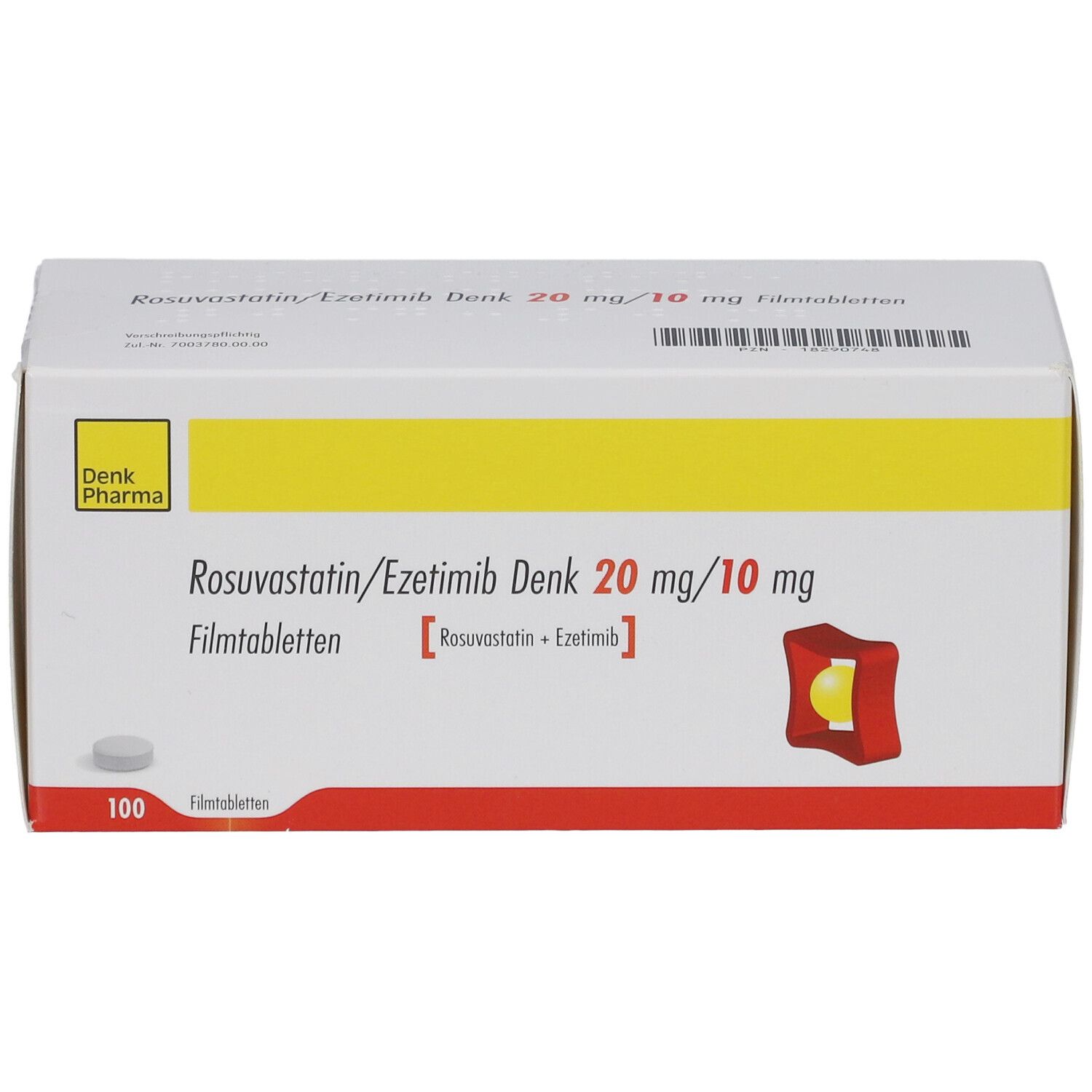Schachtel mit Medikamenten. Aufschrift: Rosuvastatin/Ezetimib Denk 20 mg/10 mg Filmtabletten. 100 Filmtabletten.
