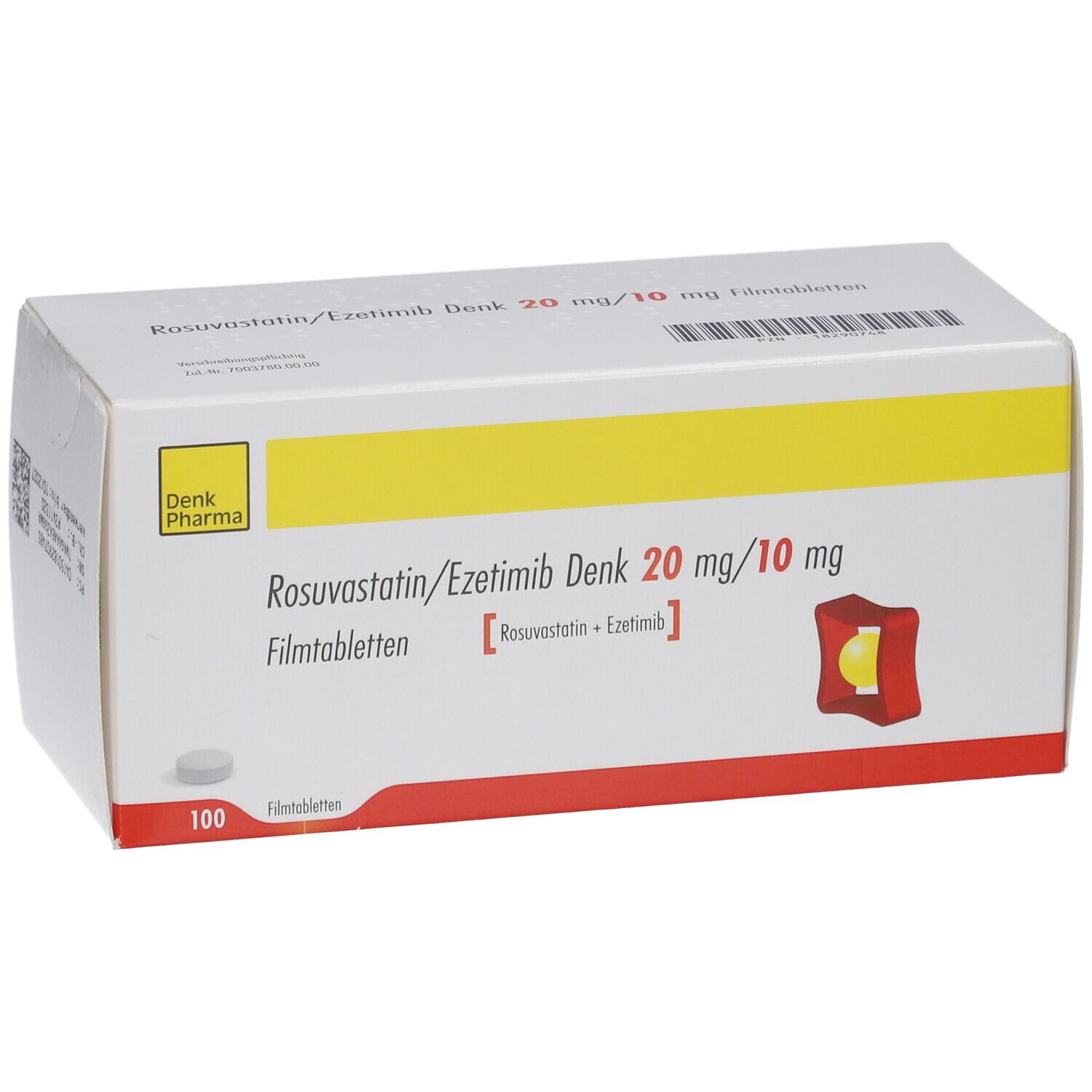 Medikamentenverpackung. Aufschrift: Rosuvastatin/Ezetimib Denk 20 mg/10 mg Filmtabletten. 100 Filmtabletten.