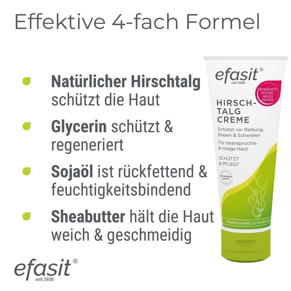 Text mit Überschrift: Effektive 4-fach Formel. Aufzählung: Natürlicher Hirschtalg, Glycerin, Sojaöl, Sheabutter. Daneben Tube efasit® Hirschtalg Creme.