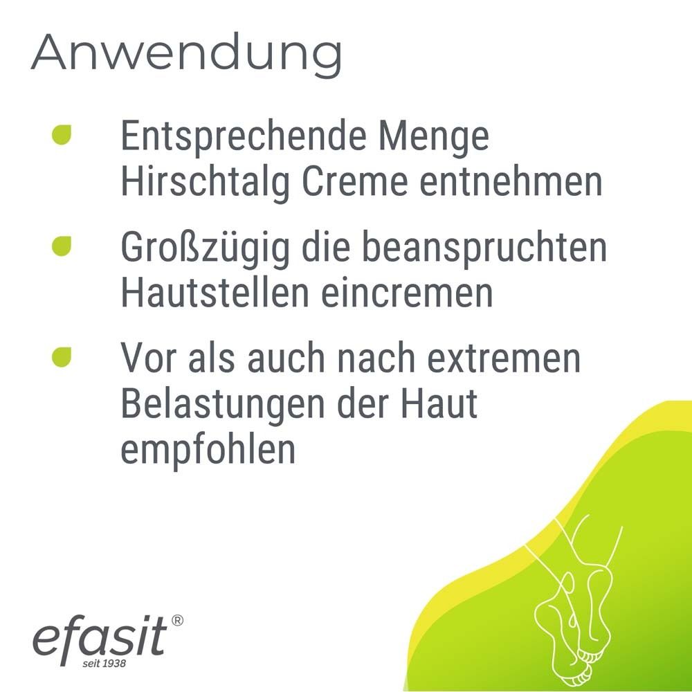 Text mit Überschrift: Anwendung. Aufzählung: Entsprechende Menge Hirschtalg Creme entnehmen. Großzügig eincremen. Vor und nach extremer Belastung.