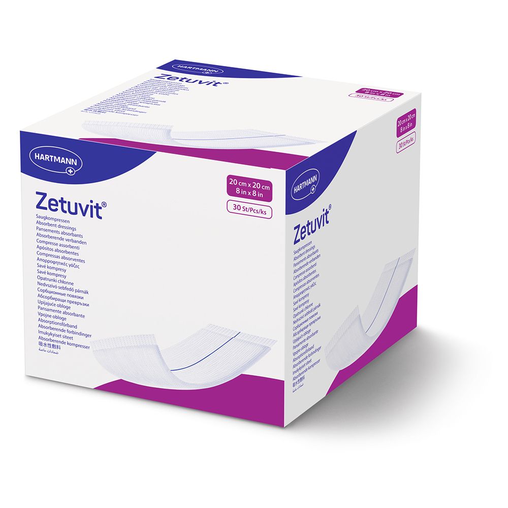 Verpackung von Hartmann Zetuvit® Saugkompressen, 20x20 cm, 30 Stück.