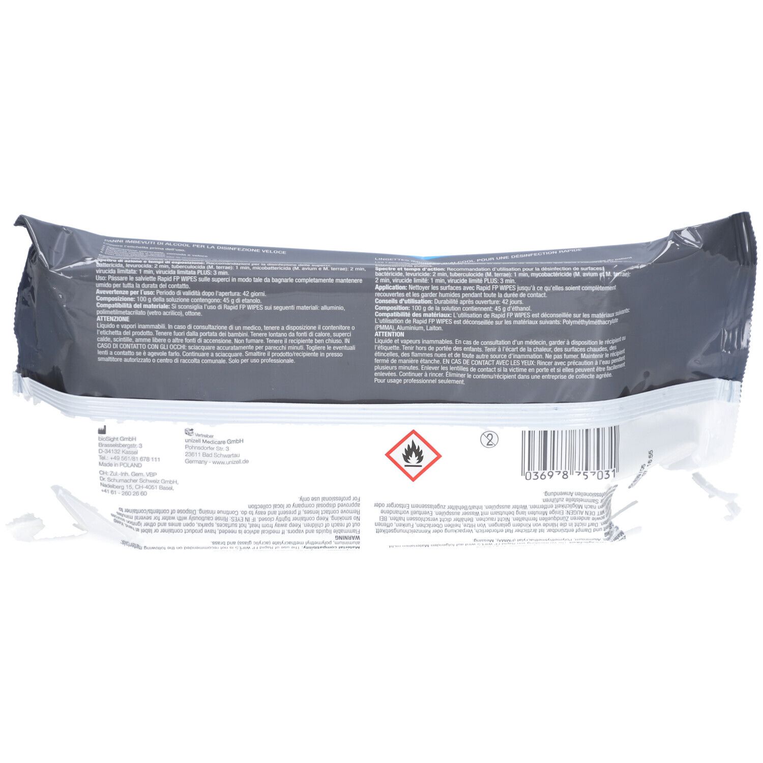 Rückseite der Verpackung mit FORMADES Desinfektions-Tücher Rapid FP WIPES. Text, Warnhinweis und Barcode.