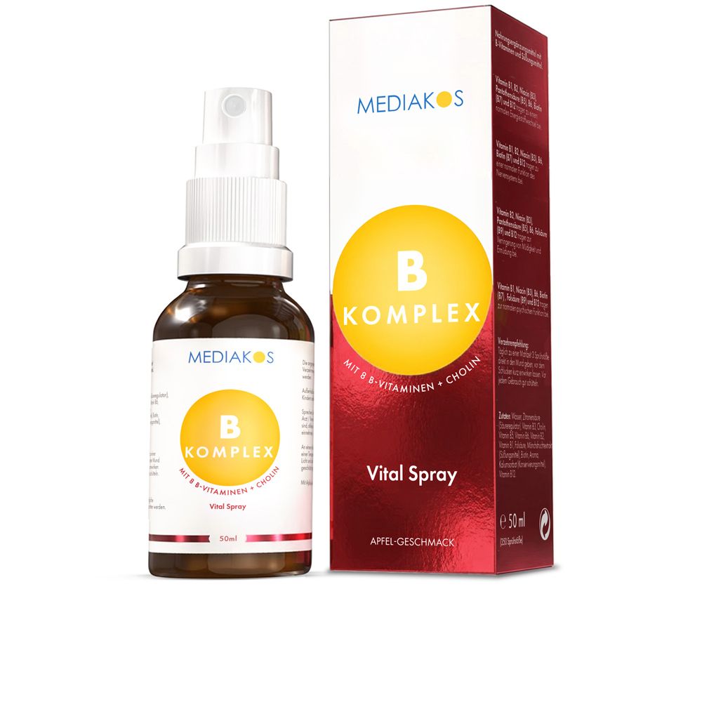 Mediakos Vitamin B Komplex Vital Spray Flasche und Karton.