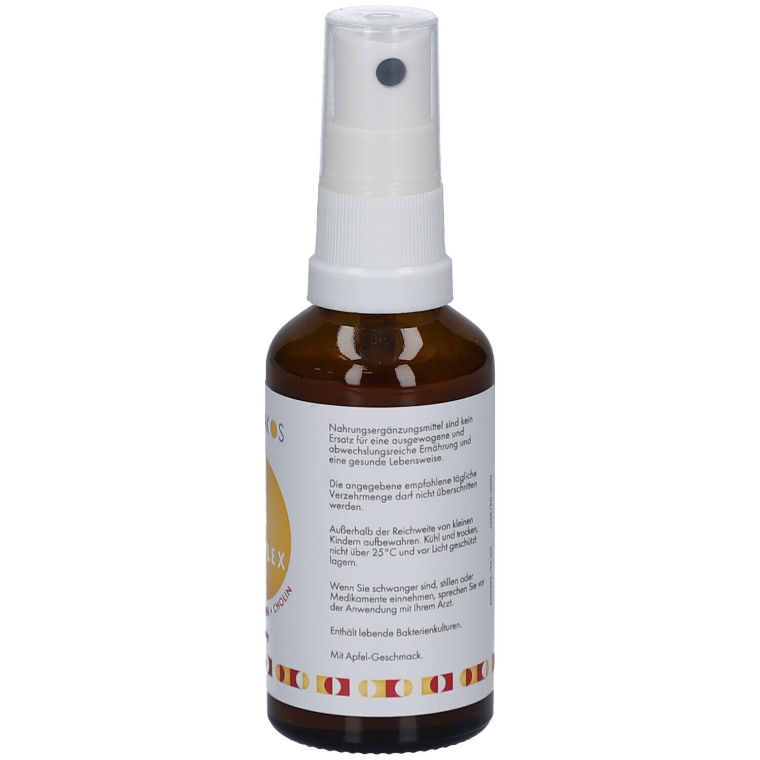 Braune Glasflasche mit weißem Sprühkopf. Etikett mit Text. Gelb-rotes Dekor am unteren Rand. Nahaufnahme.