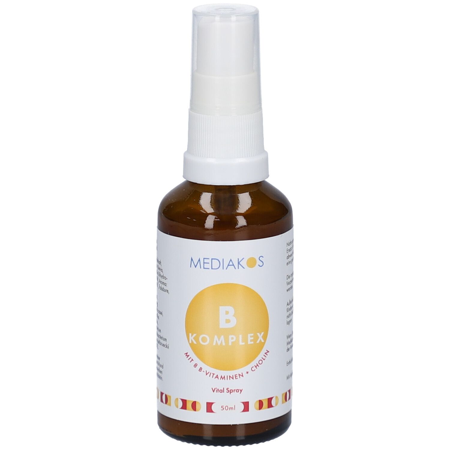 Braune Glasflasche mit weißem Sprühkopf. Etikett mit gelbem Kreis und Text: B Komplex, Vital Spray. Marke: Mediakos.