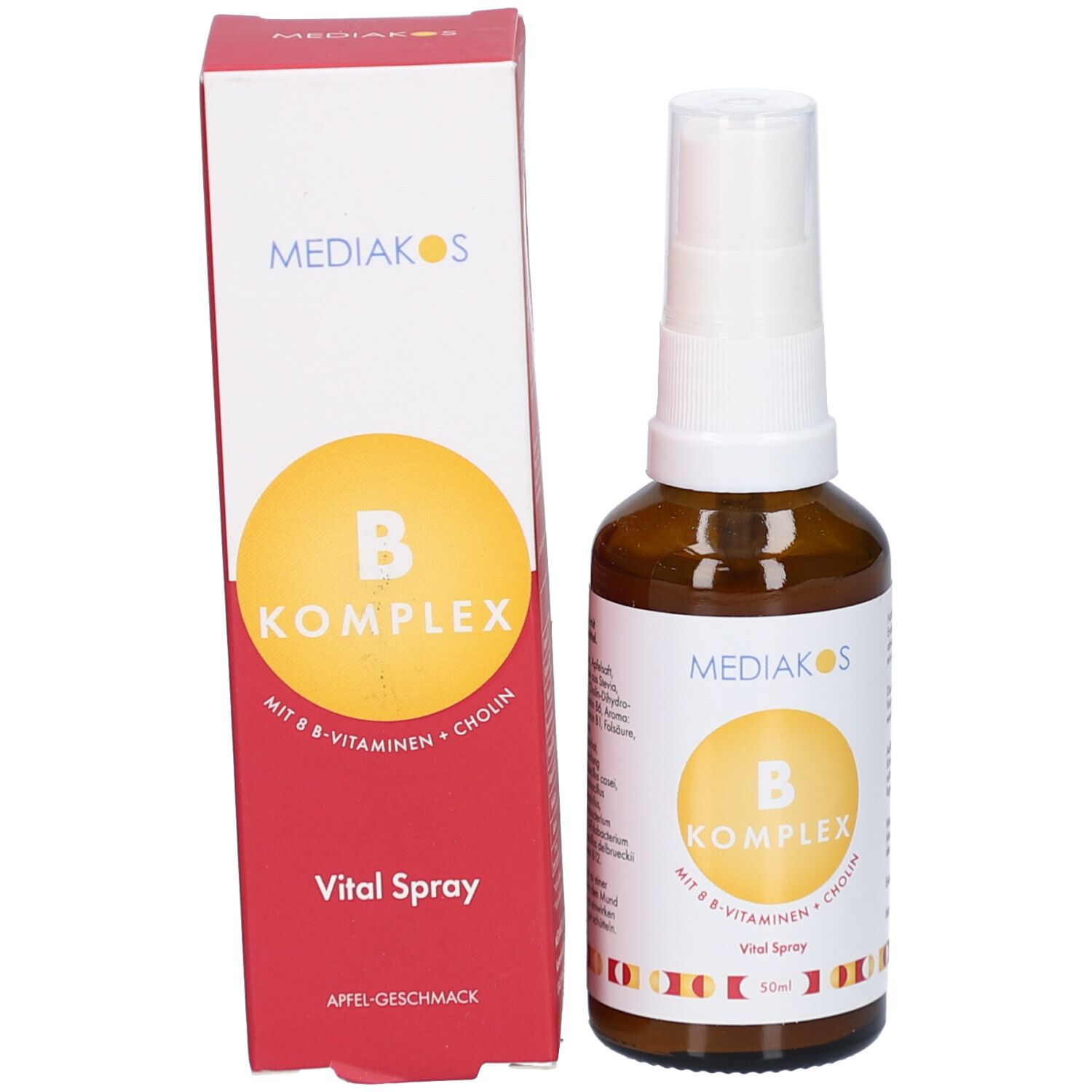 Braune Glasflasche und rote Schachtel. Auf der Schachtel: Mediakos, B Komplex, Vital Spray. Gelber Kreis.